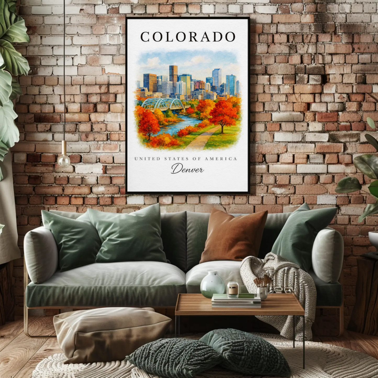 Denver Skyline Autumn Path River Travel Poster
