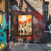 Sunset Riders in a Desert Cityscape Poster