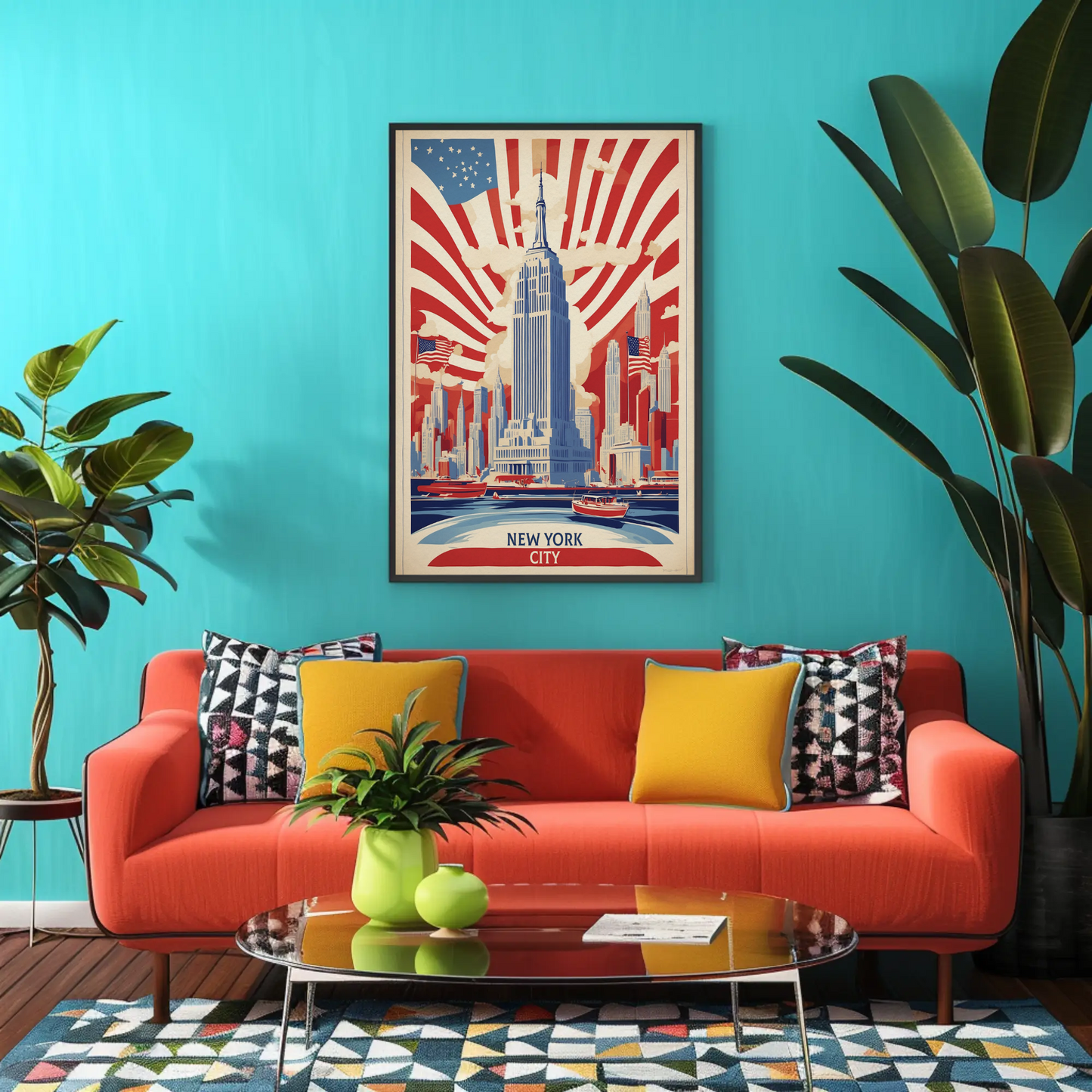 New York Empire Skyline Flags Vintage Travel Poster