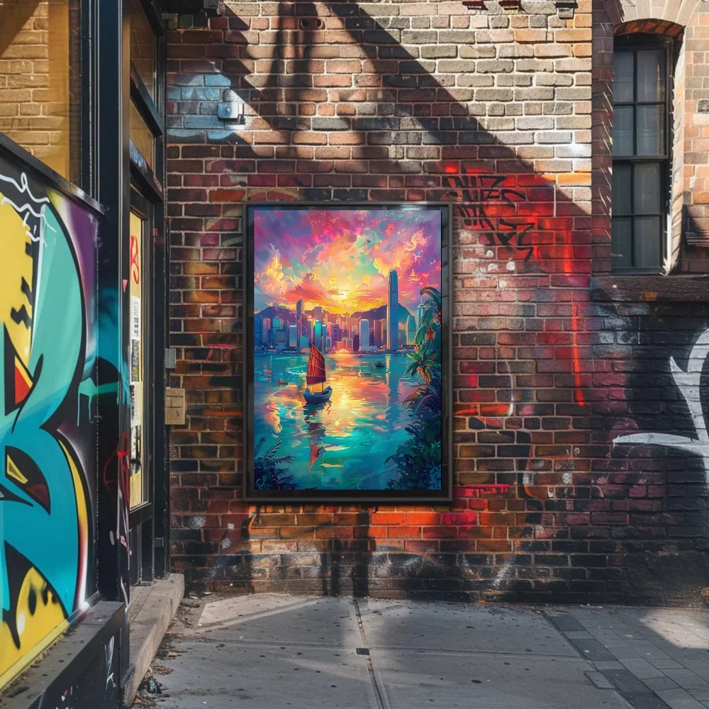 Hong Kong Harbor Sunset Impressionistic Art Poster