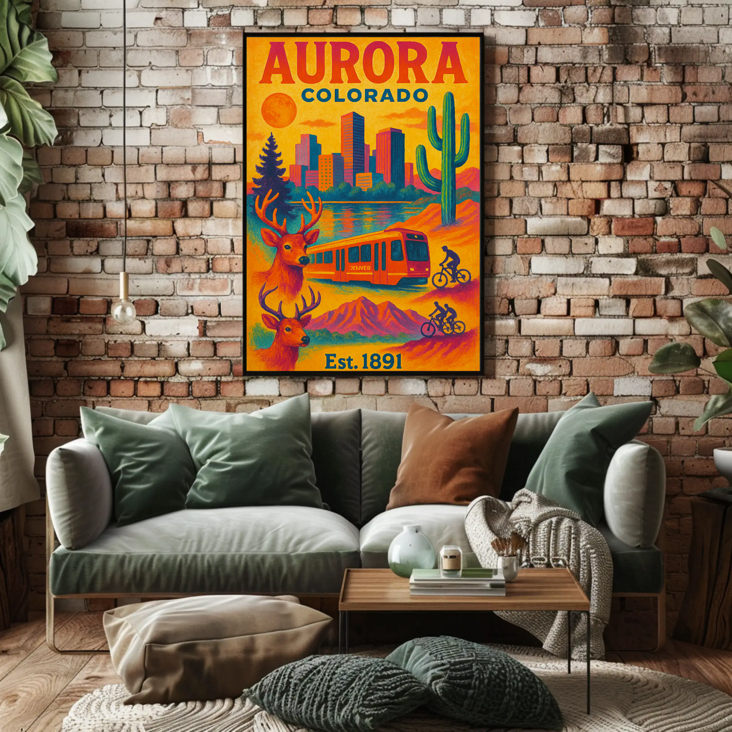 Aurora Colorado Mountains City Train Wildlife Cactus Travel Poster
