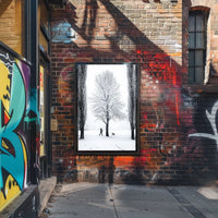 Winter Serenity: Dog Walker in Snowy Landscape