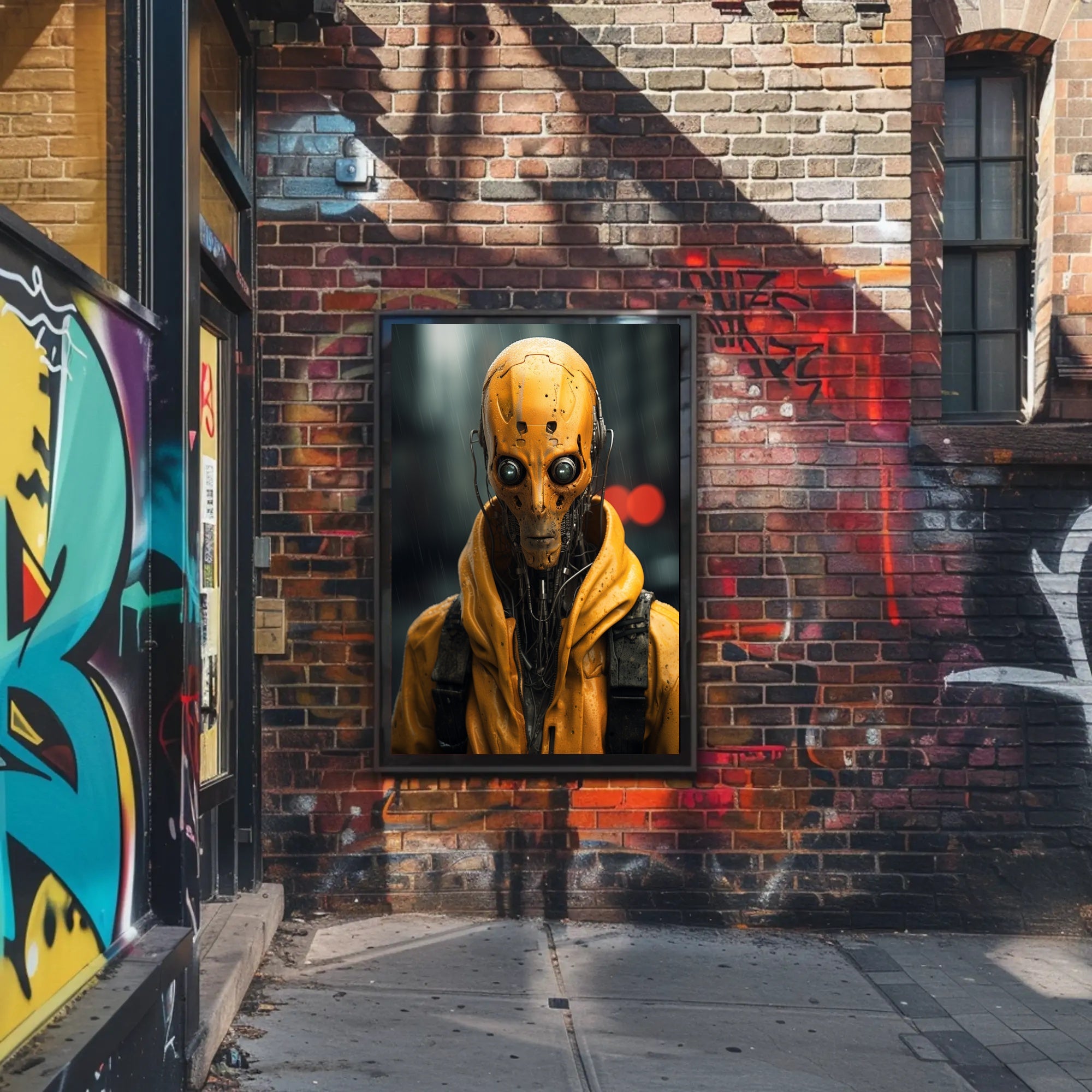 Cybernetic Sentinel In The Rain Poster PosterGoat