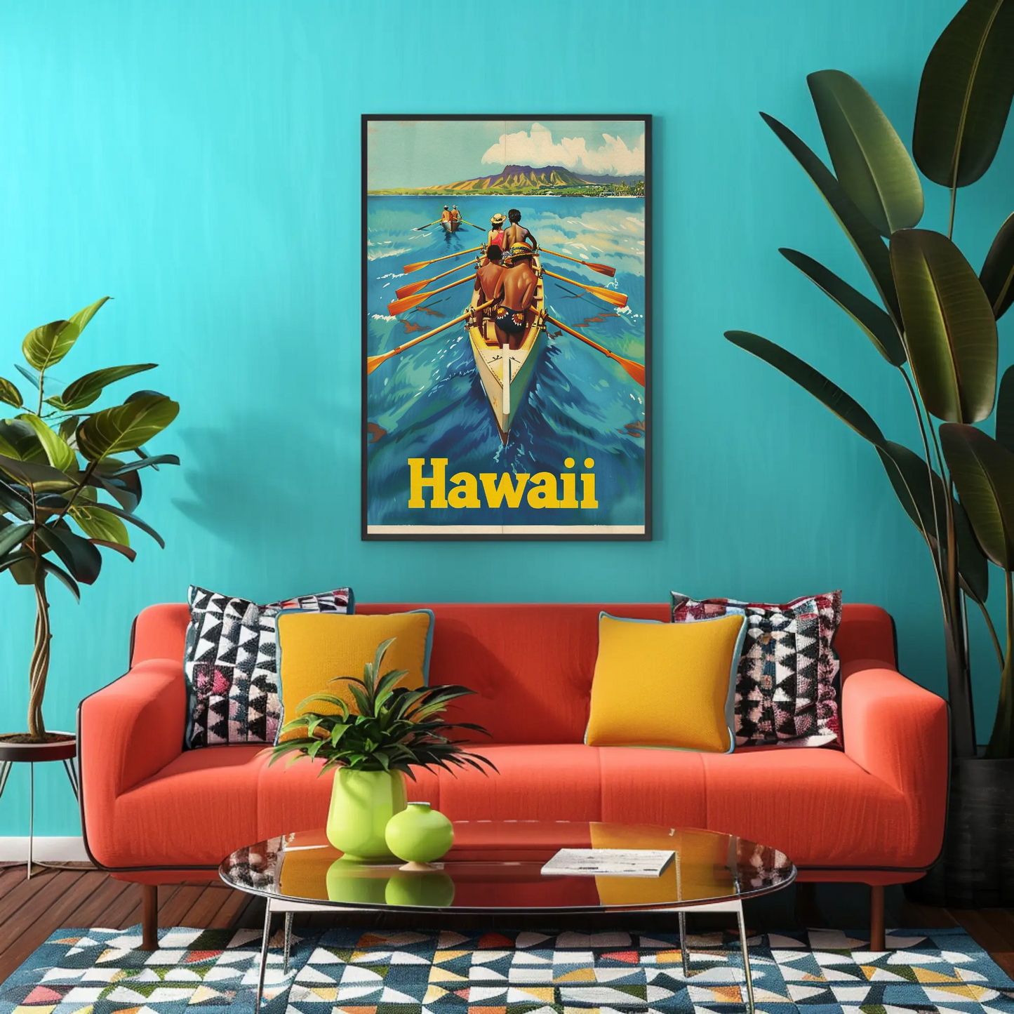 Vintage Travel Poster - Hawaii Rowing Canoe