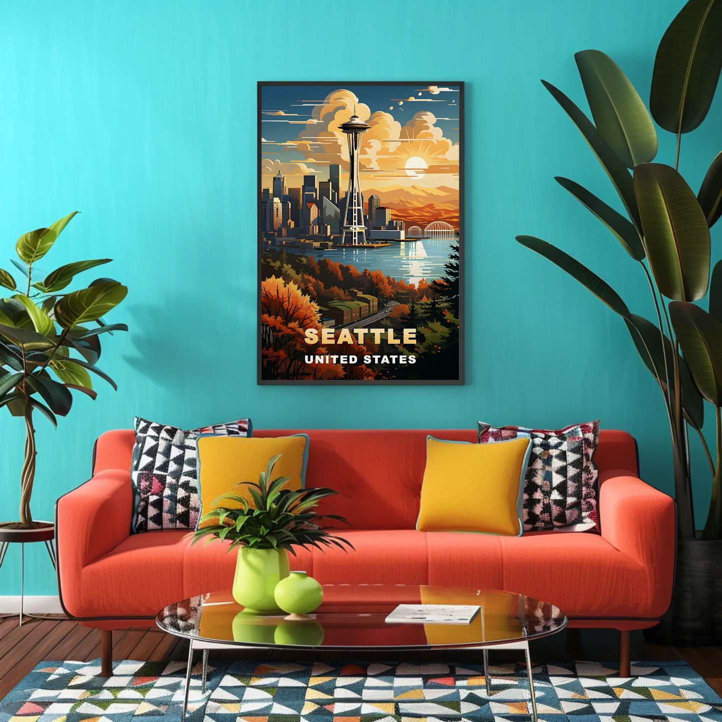 Seattle Space Needle Autumn Sunset Vintage Travel Poster