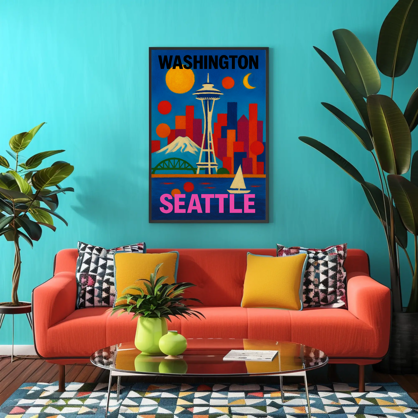 Washington Seattle Space Needle Mountains Sunset Vintage Travel Poster