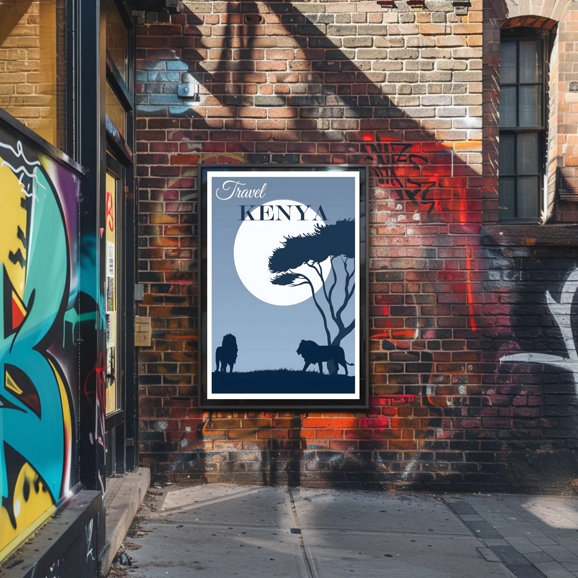 Kenya Silhouette Travel Print with Majestic Lions and Moonlight