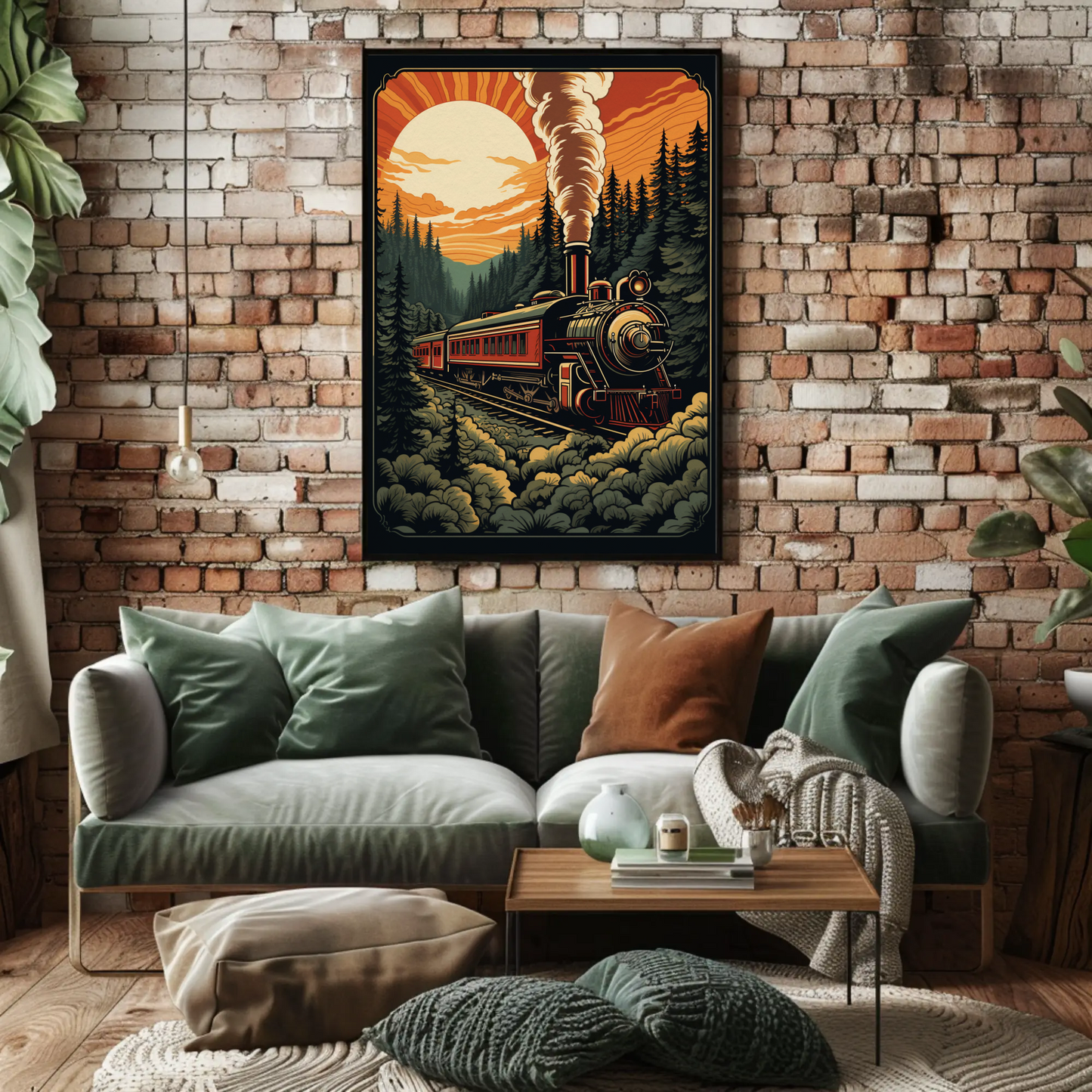 Vintage Steam Train Forest Railway Sunset Travel Poster