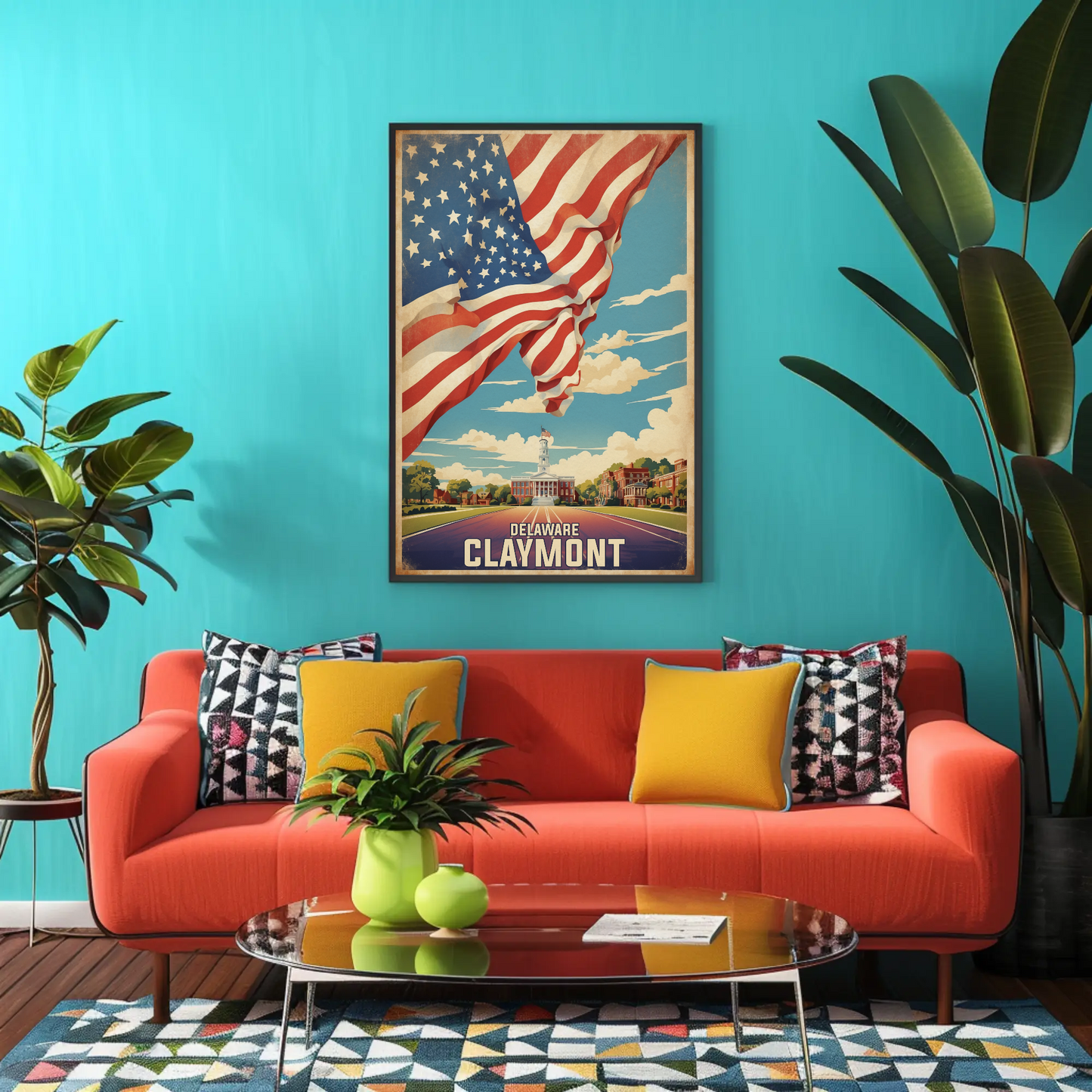 Claymont Delaware Flag Historic Town Hall Vintage Travel Poster