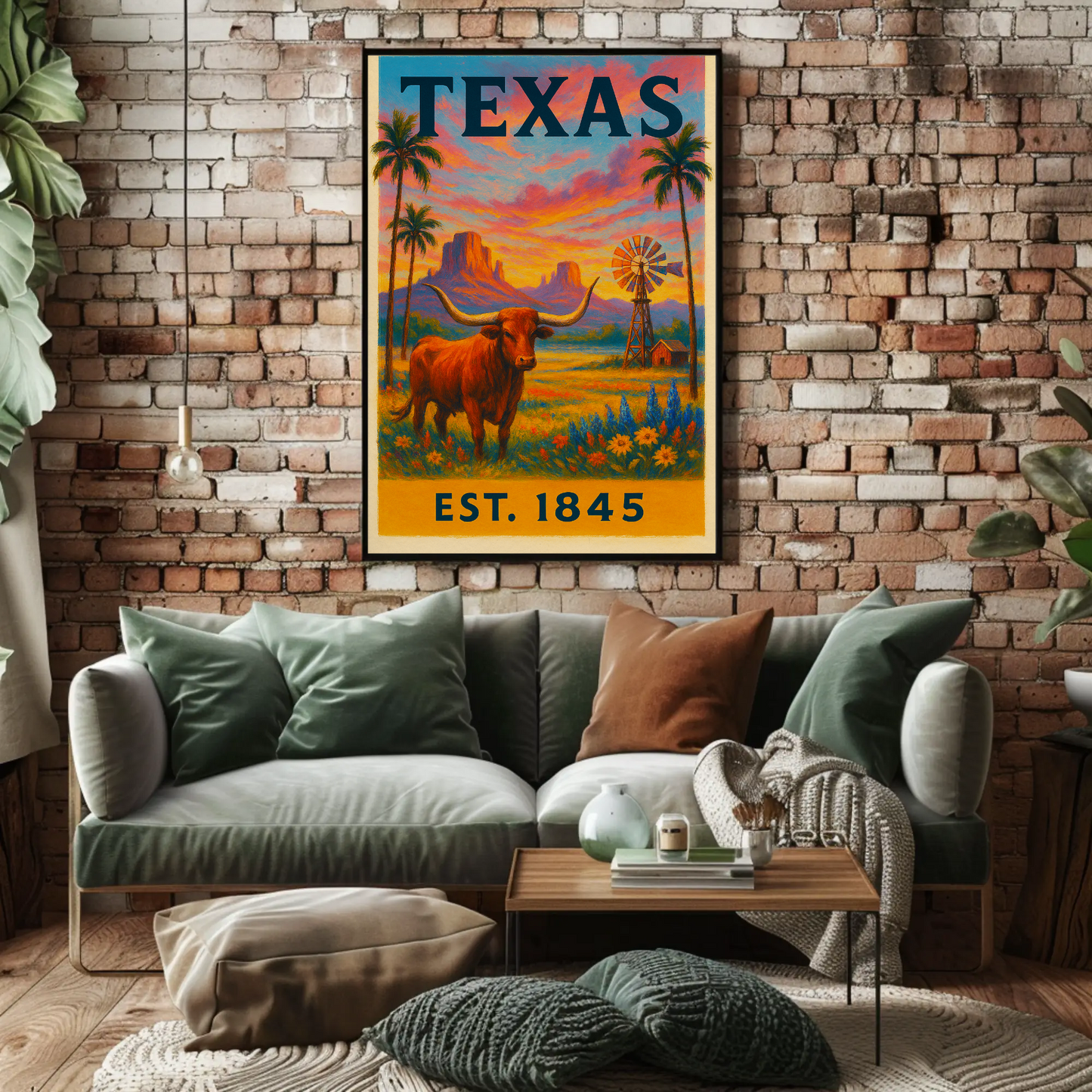 Texas Sunset Longhorn Windmill Landscape Travel Poster