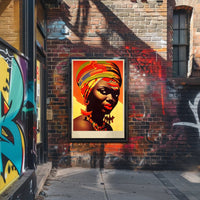 Vibrant Elegance: Woman with Colorful Headwrap and Bold Accessories Poster