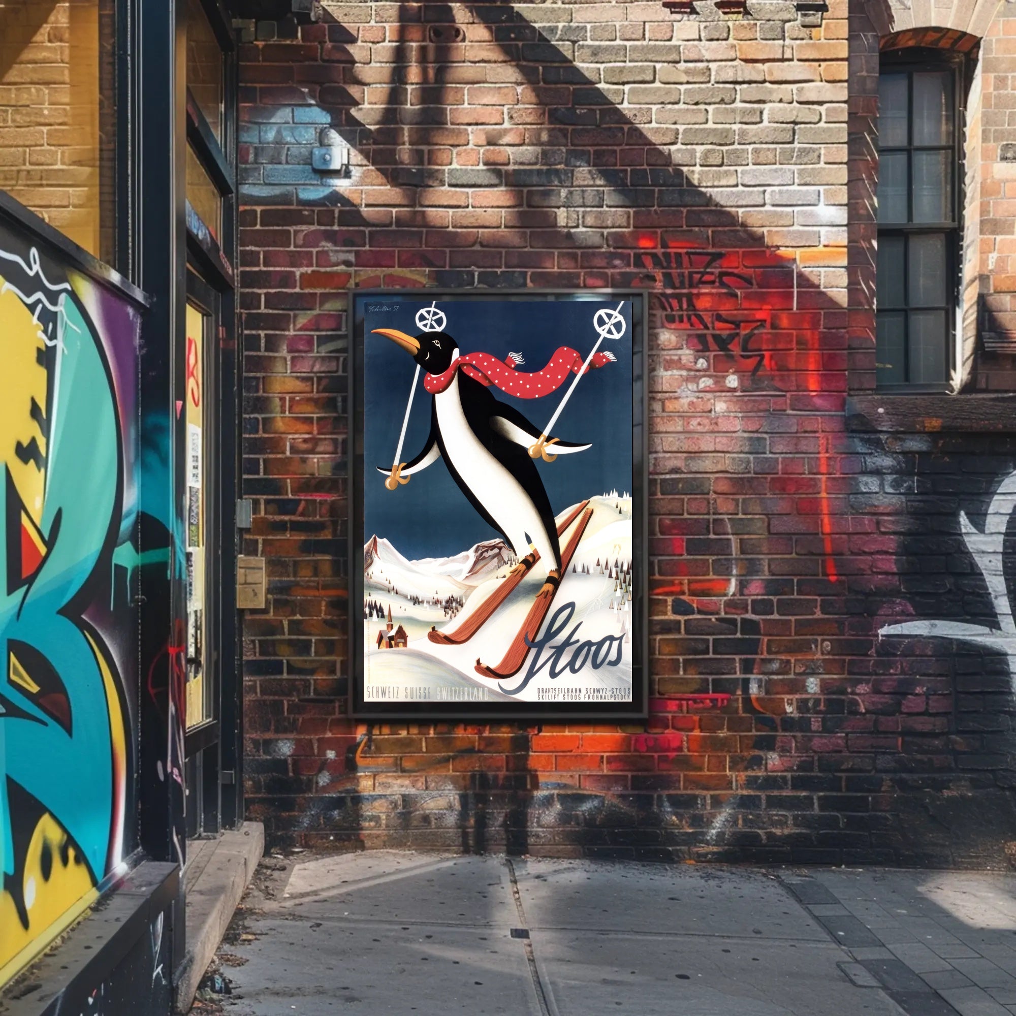 Whimsical Penguin Ski Adventure Travel Poster PosterGoat