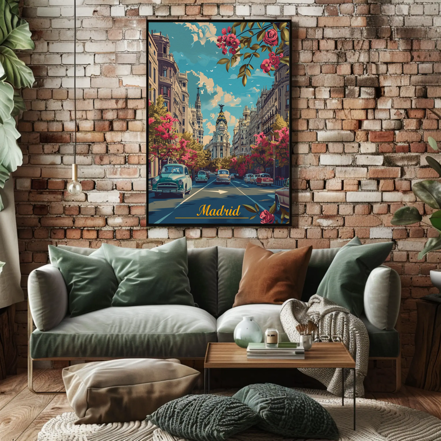 Madrid Spring Streetscape Flowers Cars Classic Travel Poster
