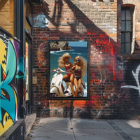 Beach Glamour: Vibrant Dolls on Scooter Travel Poster PosterGoat