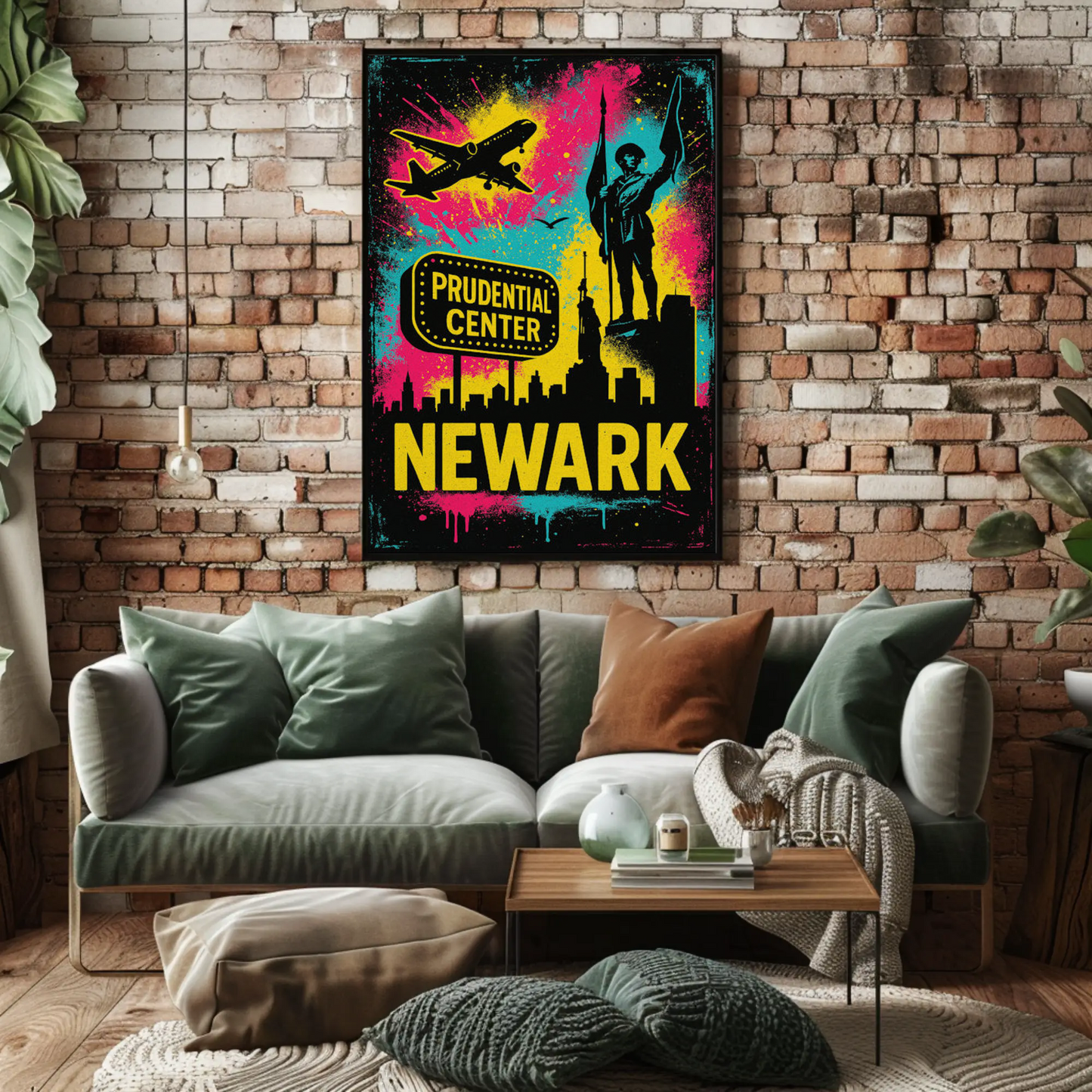 Newark New Jersey Neon Prudential Center Skyline Travel Poster