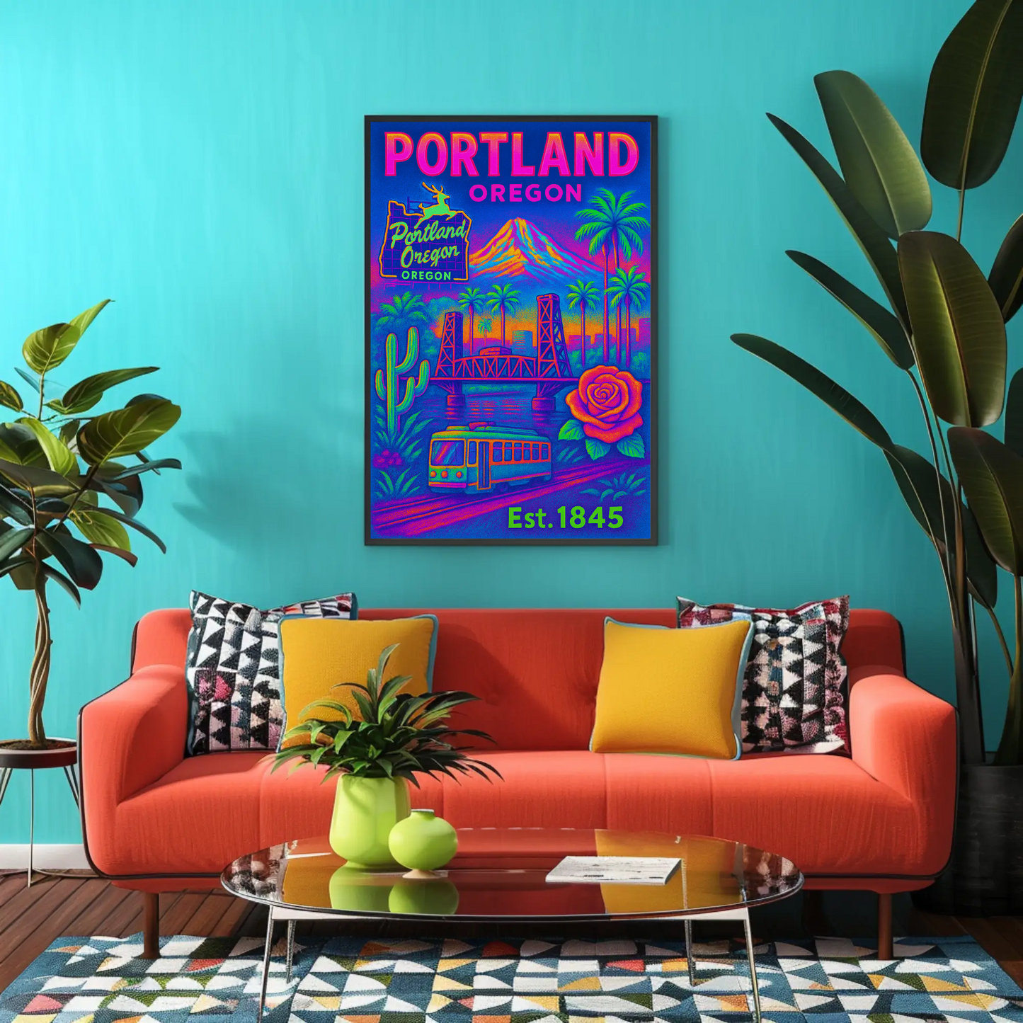Portland Oregon Rose Bridge Mountain Vintage Travel Poster