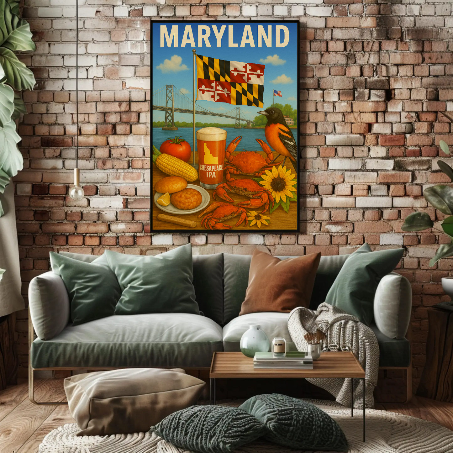 Maryland Crab Bridge Beer Corn Bird Flag Travel Poster