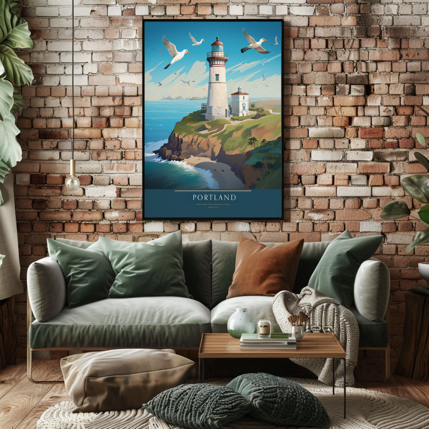 Portland Coastal Lighthouse and Seagulls Travel Poster
