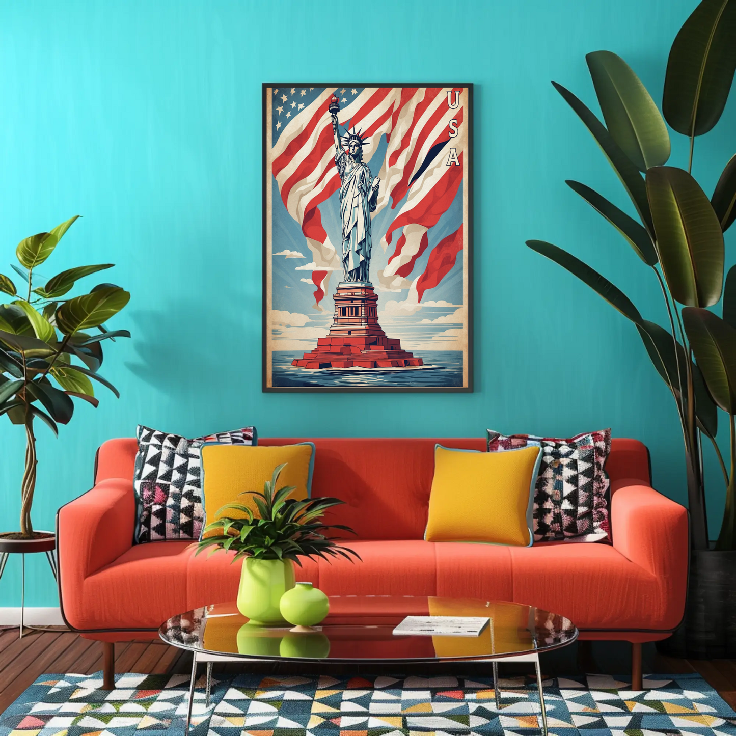 Liberty Statue American Flag Waves Vintage Travel Poster