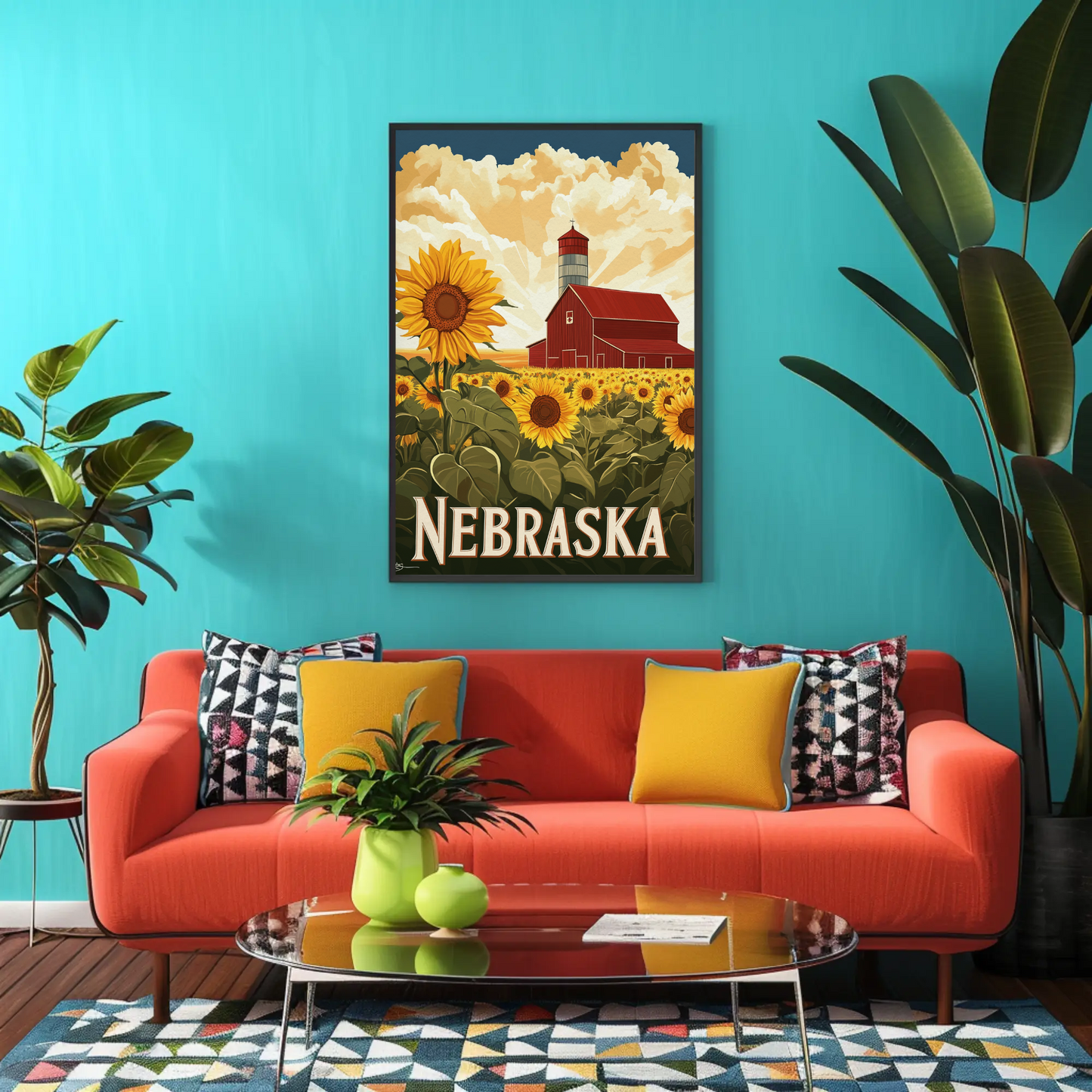 Nebraska Vintage Poster - Sunflower Barn