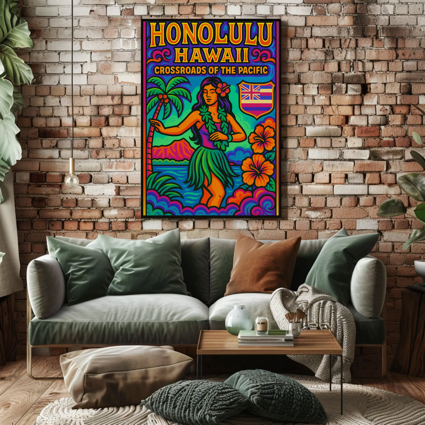 Honolulu Hawaii Pacific Vibrant Dancer Ocean Travel Poster