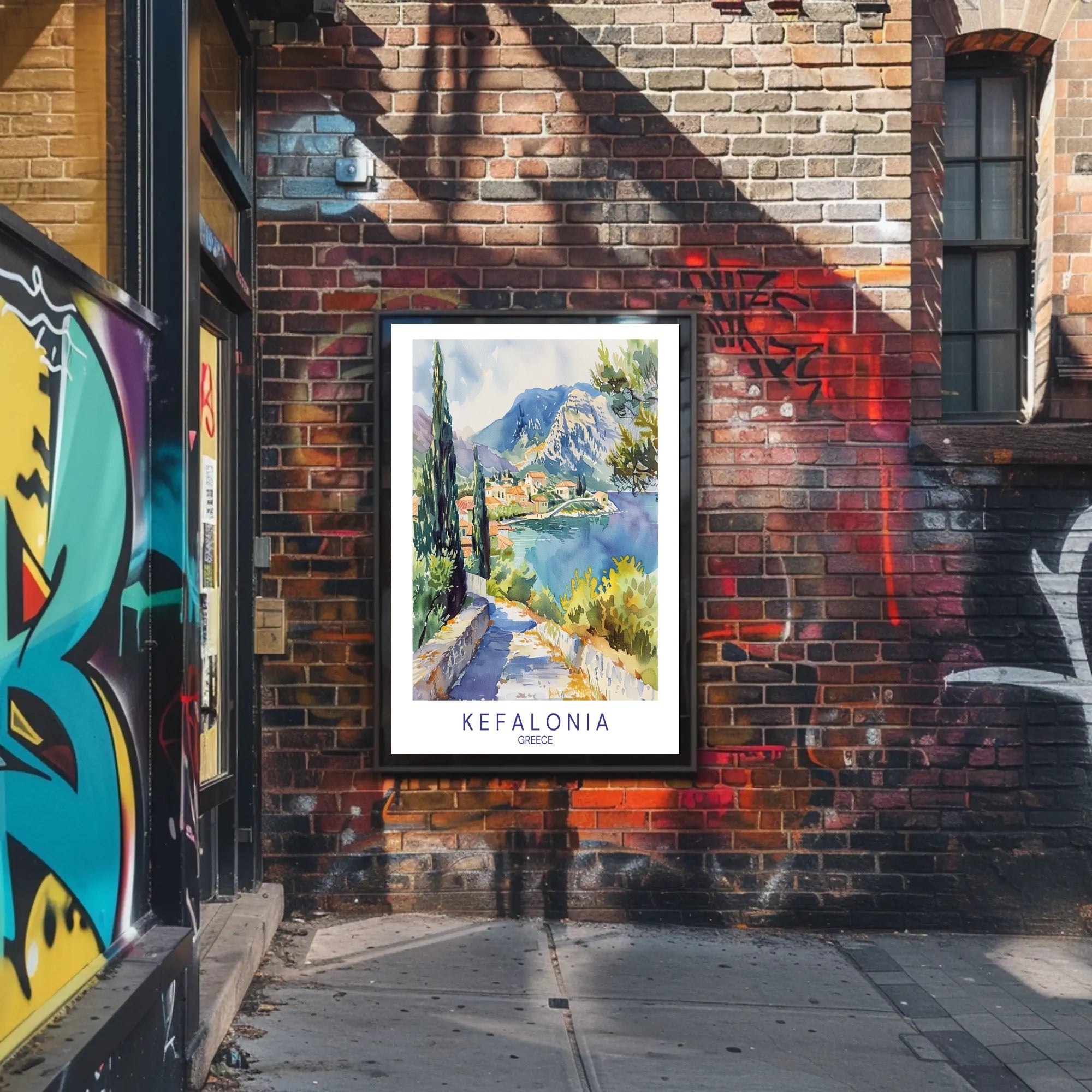 Kefalonia Coastal Village Watercolor Travel Poster PosterGoat