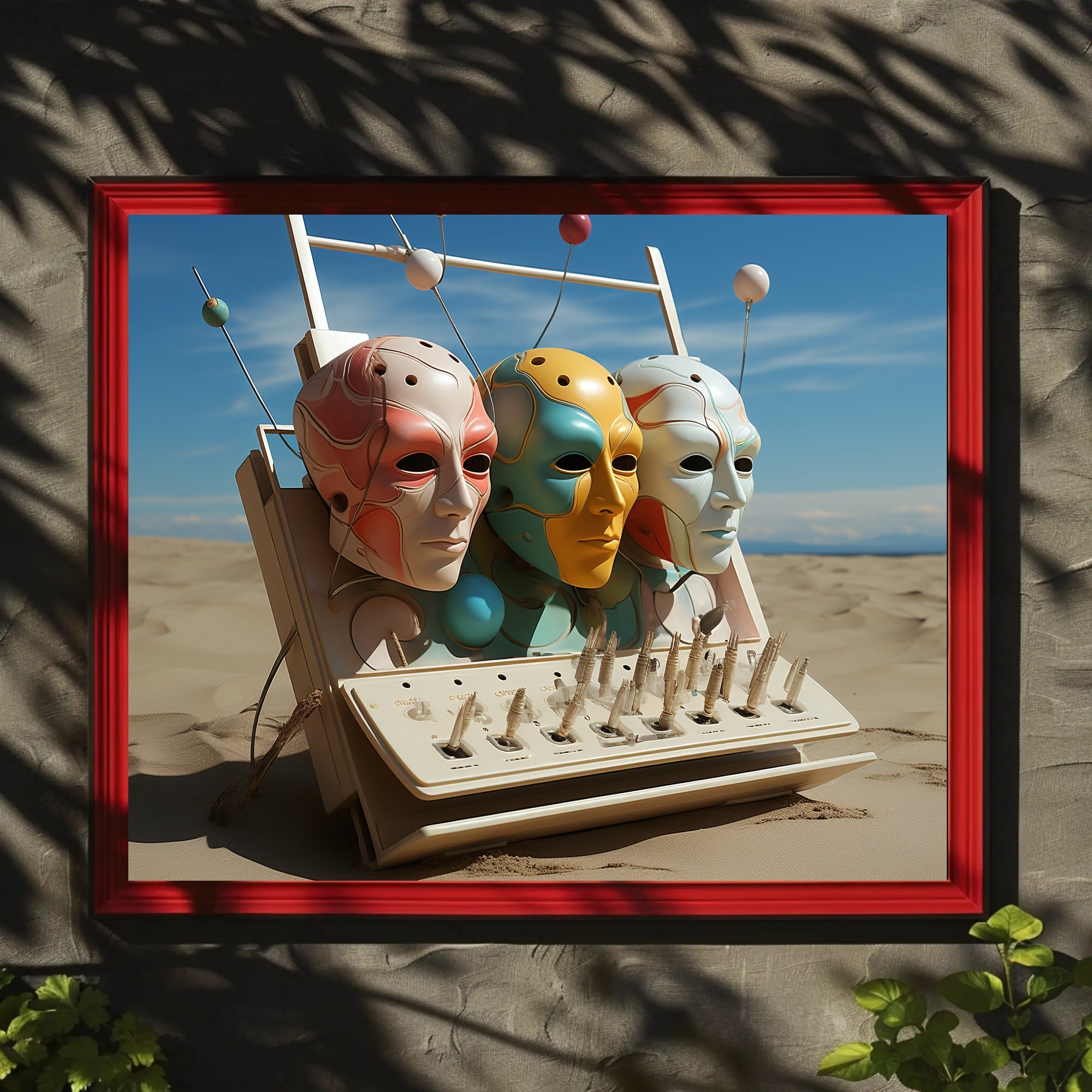 Futuristic Masks in Surreal Desert Sci-Fi Poster