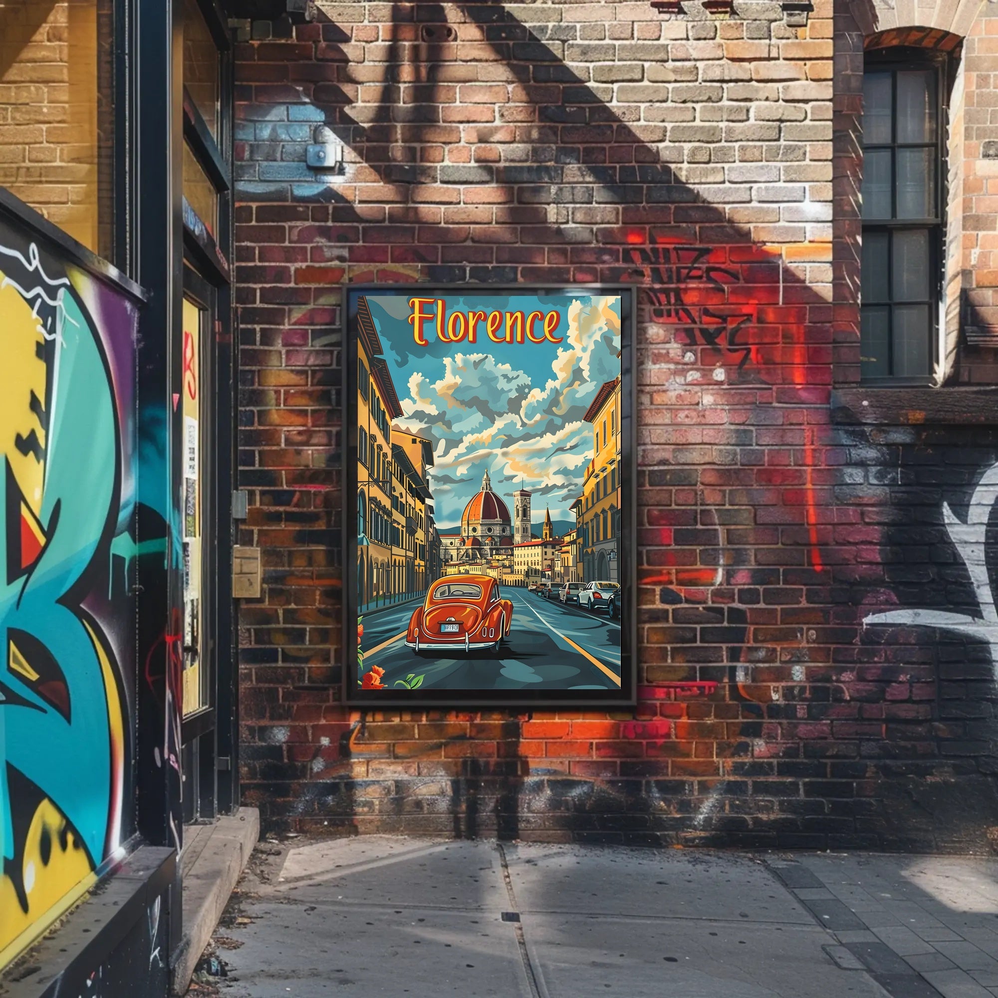 Florence Cathedral scene with vintage car poster