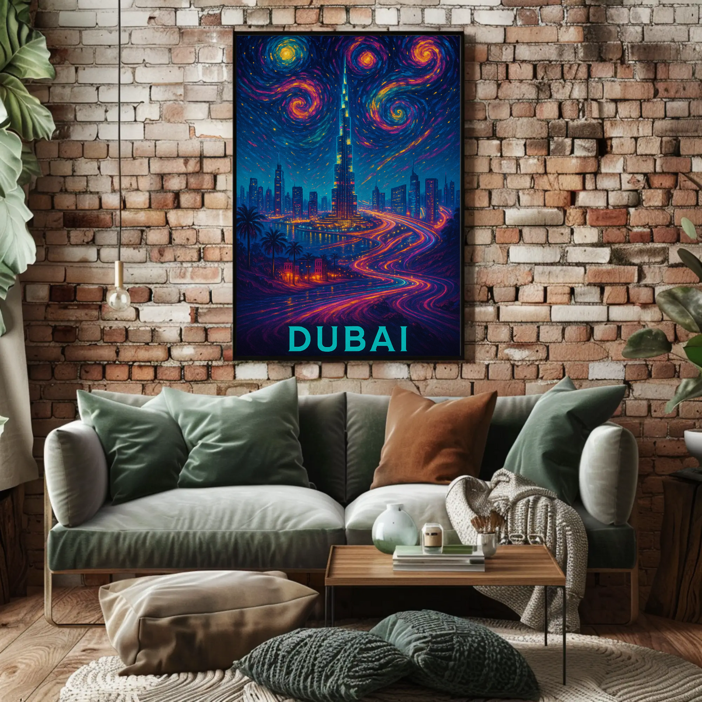 Dubai Burj Khalifa Starry Neon Skyline Night Travel Poster