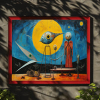 Surrealistic Abstract Art Poster with Bird and Humanoid Figures