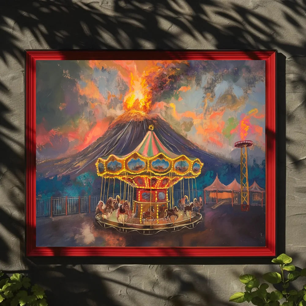 Surreal Carousel and Volcano Imaginative Art Poster