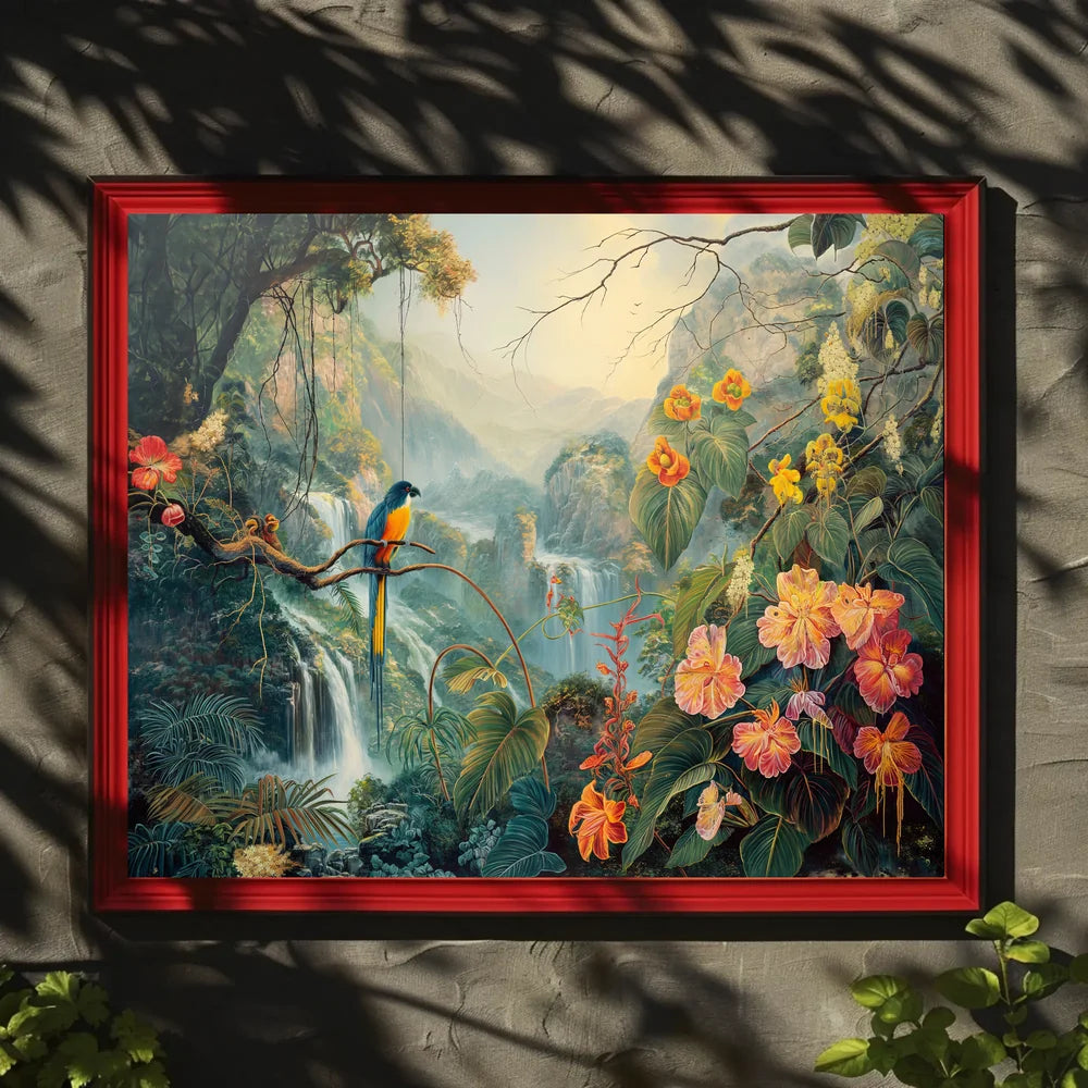 Vibrant Jungle Scene with Exotic Waterfalls Poster