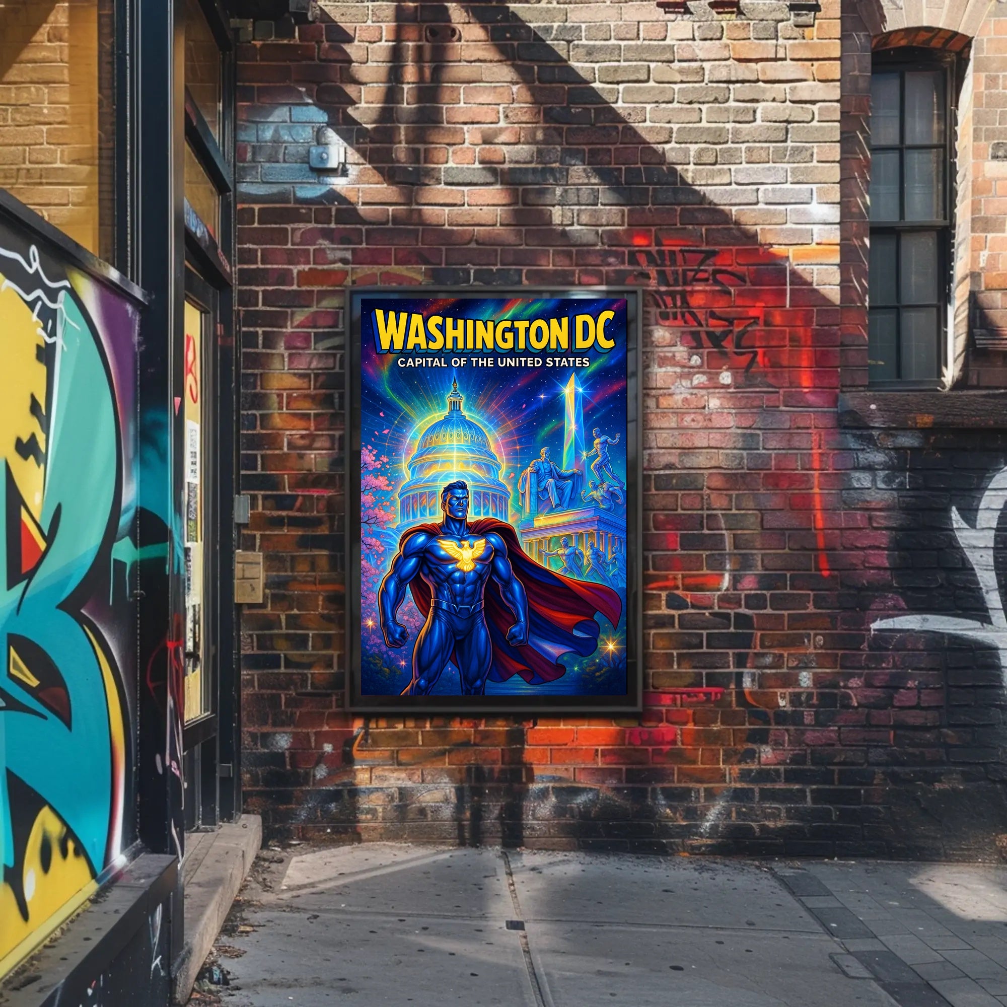 Superhero Patriotism in Washington DC Pop Culture Poster