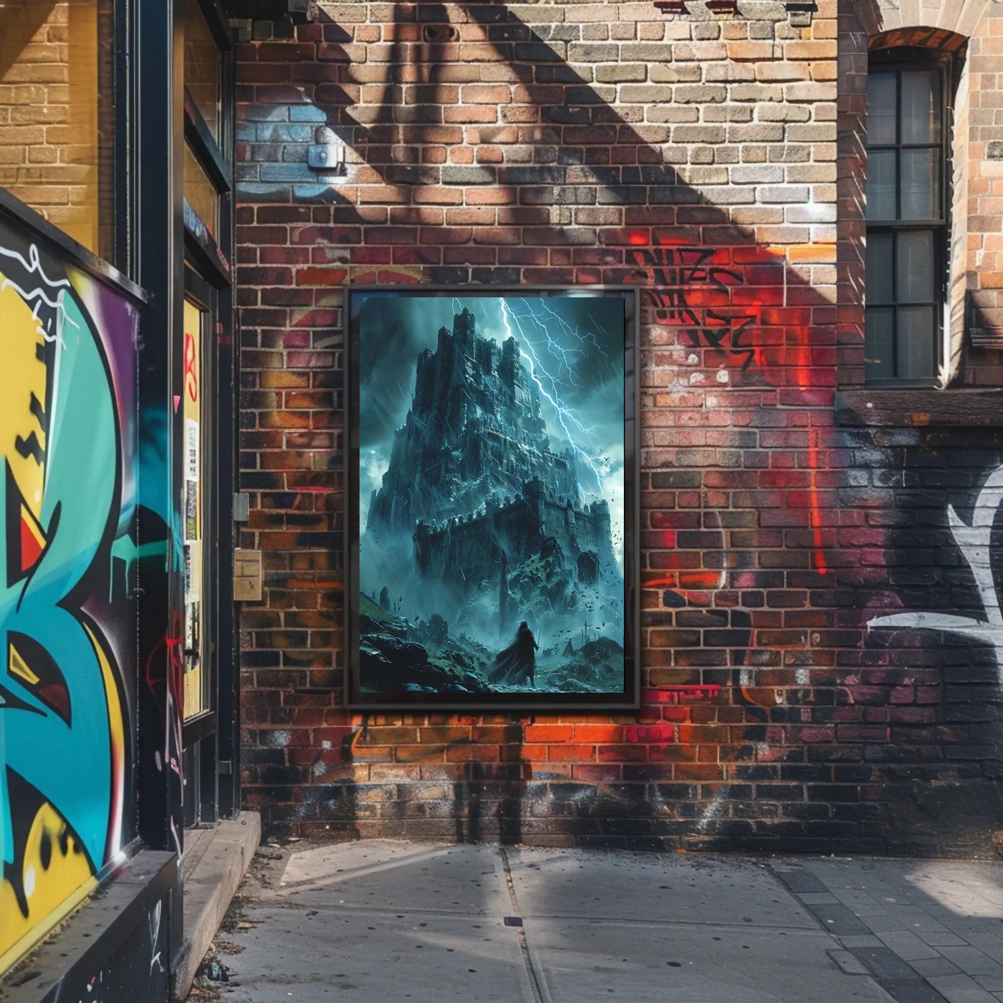 Ominous Fortress under Stormy Skies: Fantasy or Mythology Poster PosterGoat