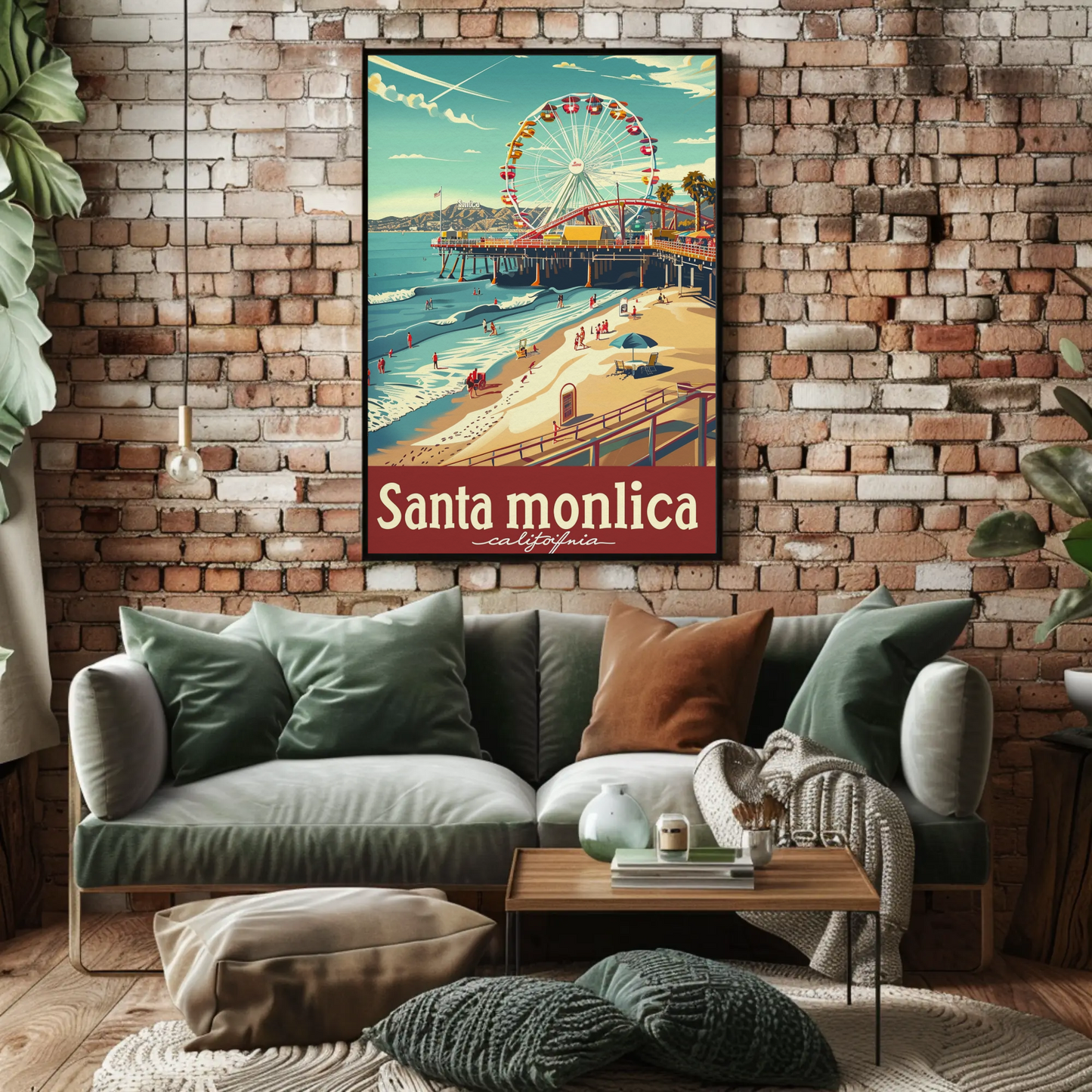 Santa Monica California Ferris Wheel Oceanfront View Travel Poster