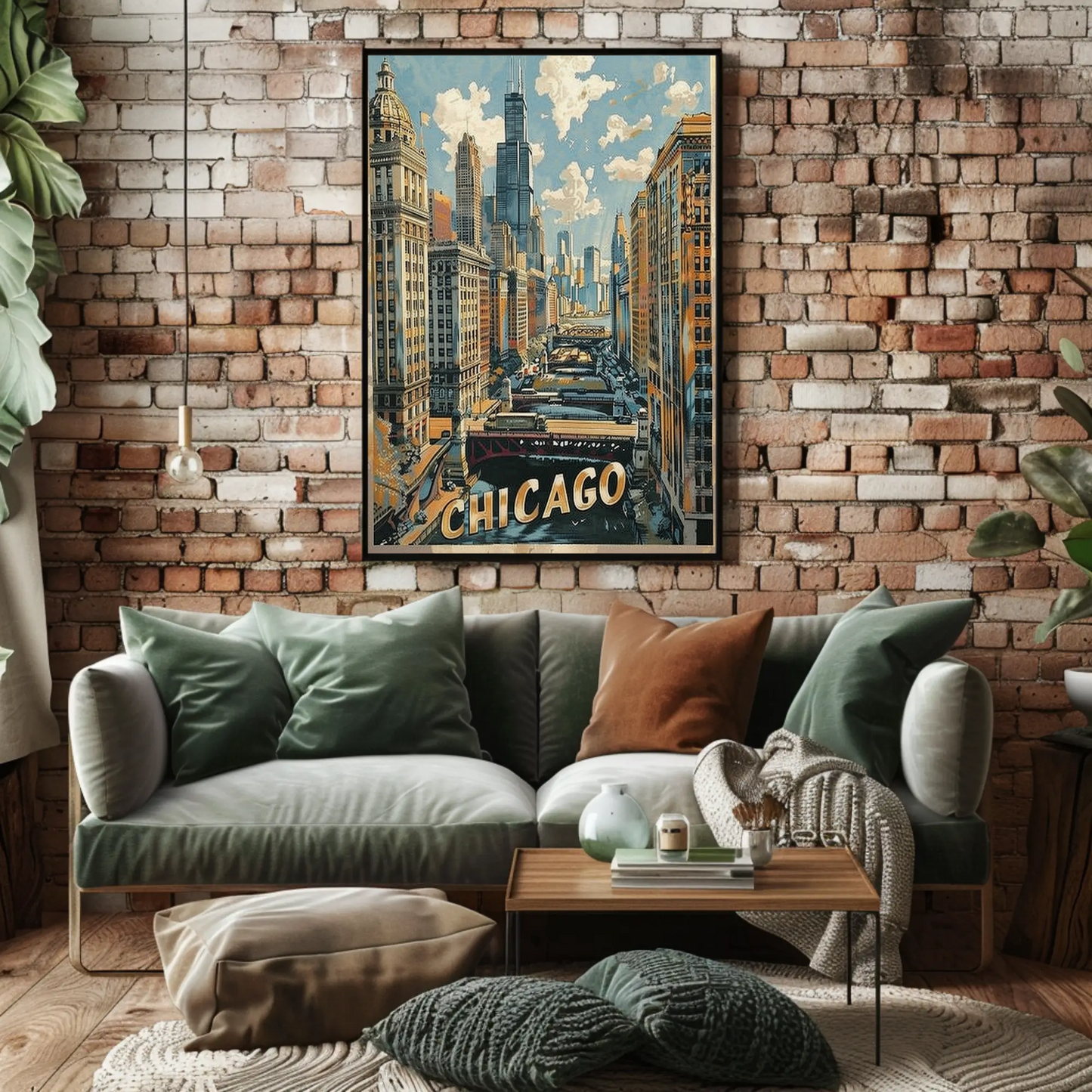 Chicago Skyline River Train Architecture Cityscape Travel Poster