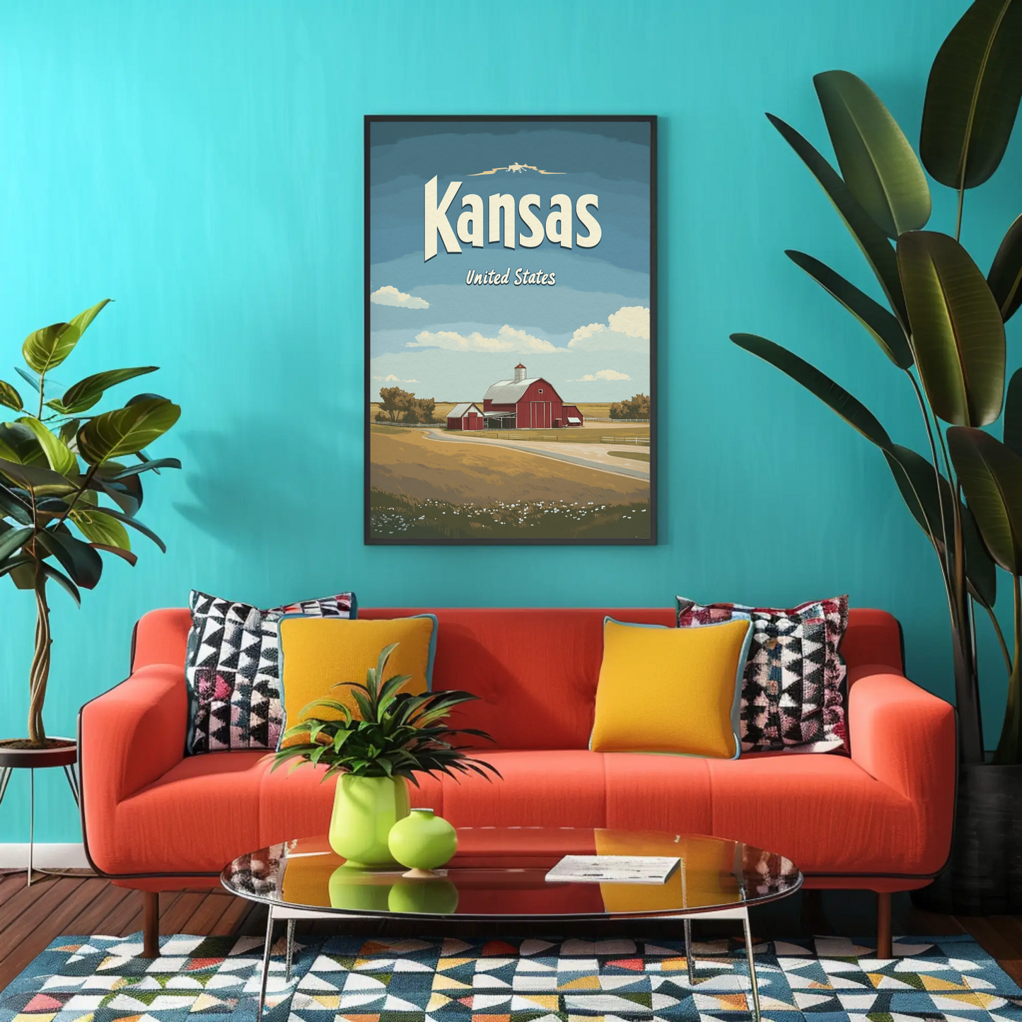 Kansas Farmstead Flat Design Vintage Poster