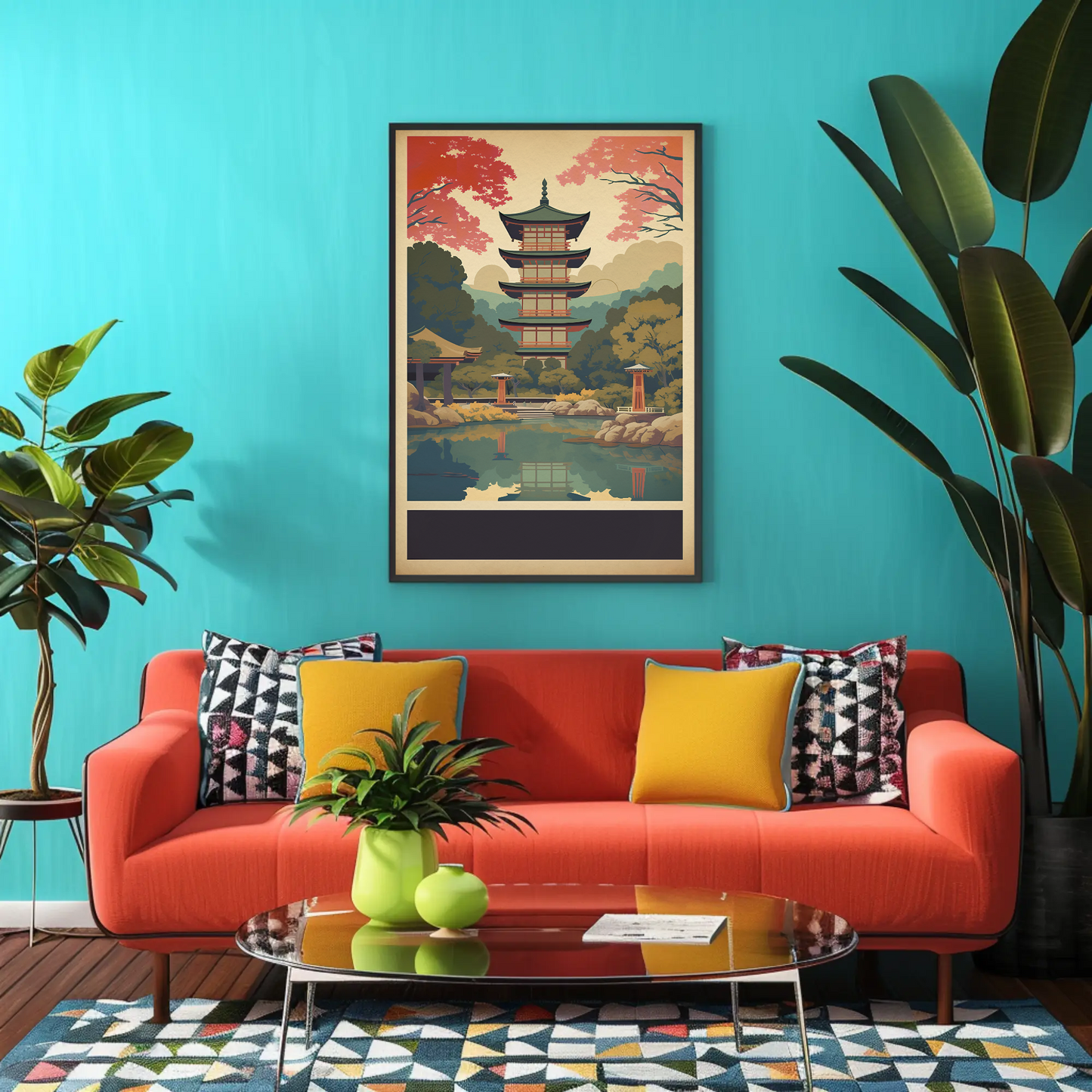 Japan Reflection Pagoda Lake Autumn Vintage Travel Poster