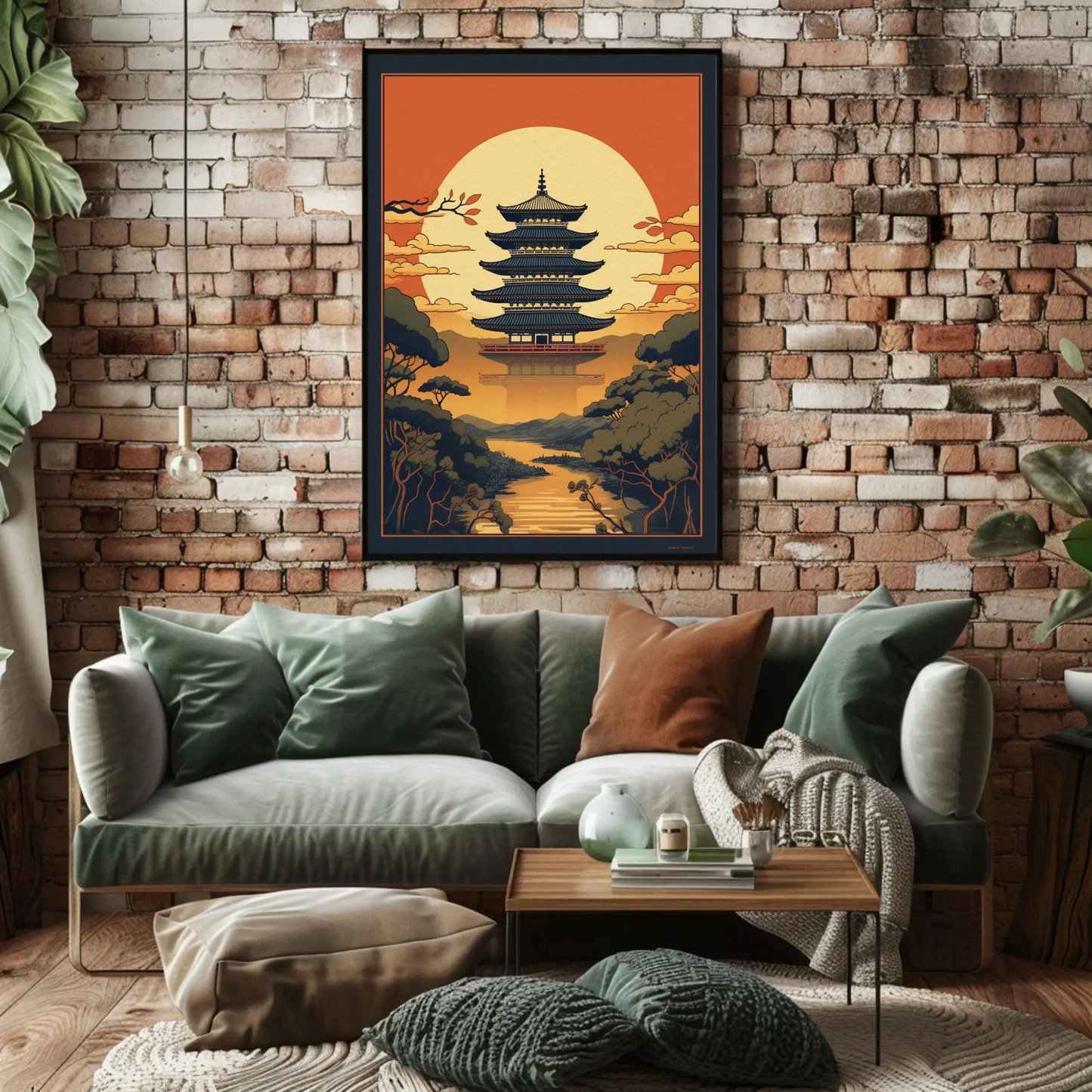 Japanese Temple Sunset Silhouette Travel Poster