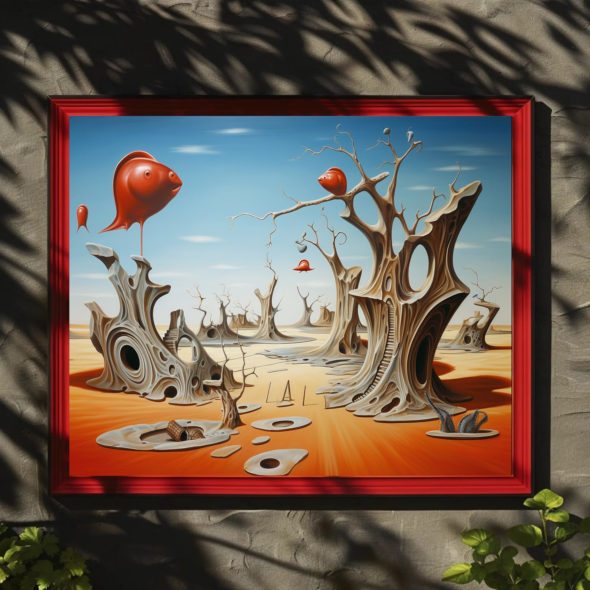 Surreal Desert Dreamscape With Whimsical Fish Objects - Artistic Poster