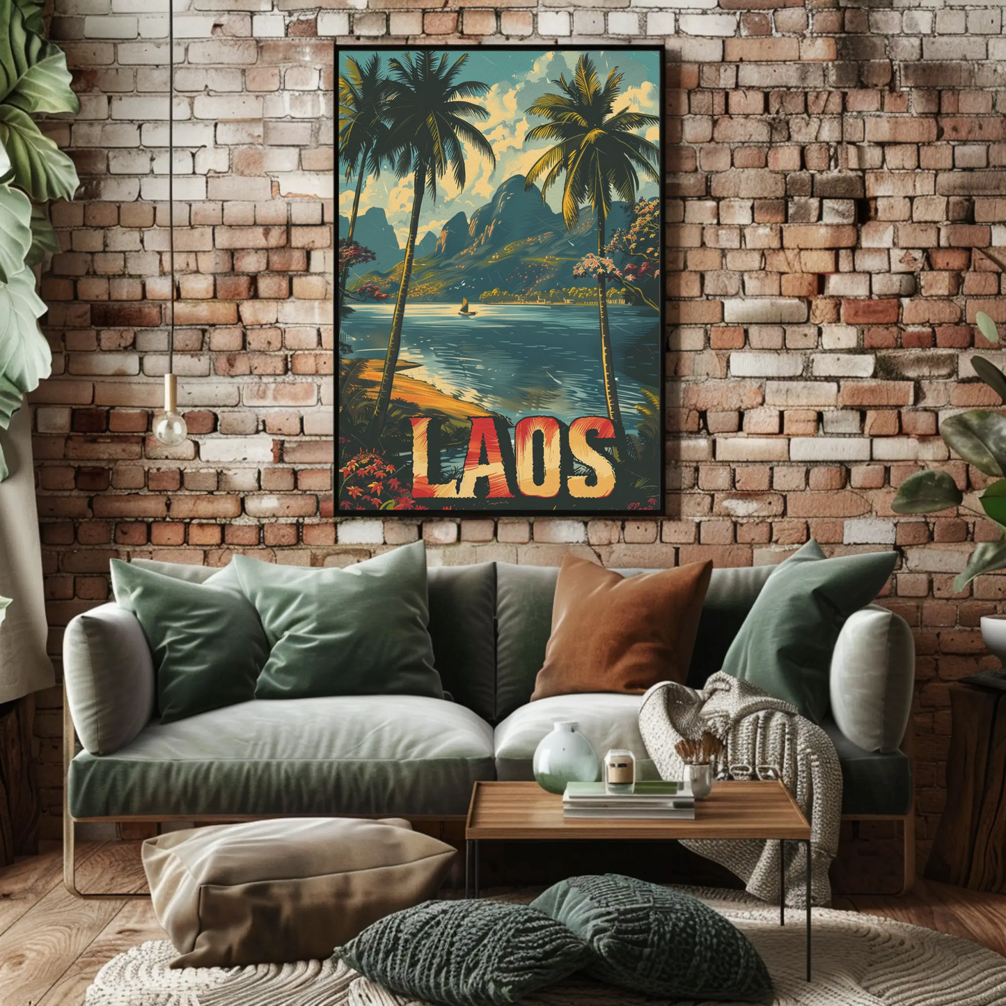 Laos Palm Trees River Mountain Jungle View Travel Poster