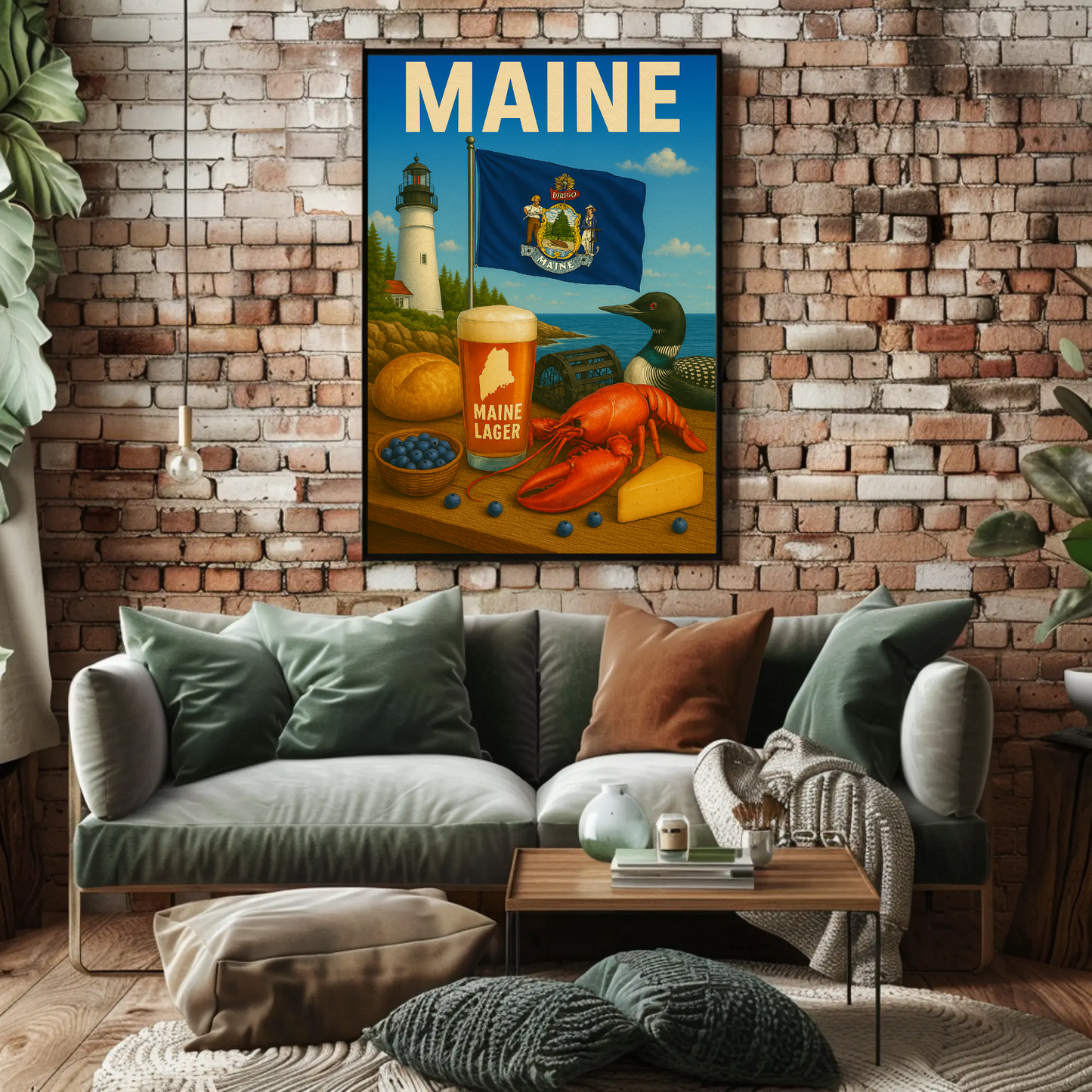Maine Lobster Lighthouse Blueberry Beer Nature Travel Poster