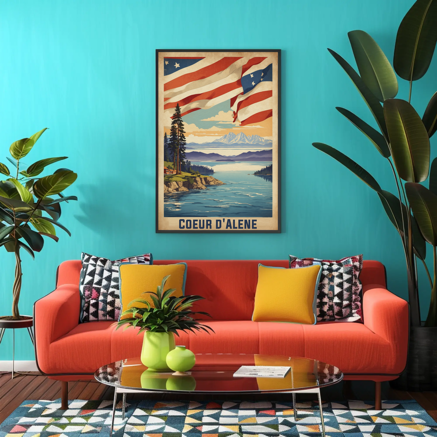 Coeur d'Alene Idaho Lake Mountains Flag Vintage Travel Poster