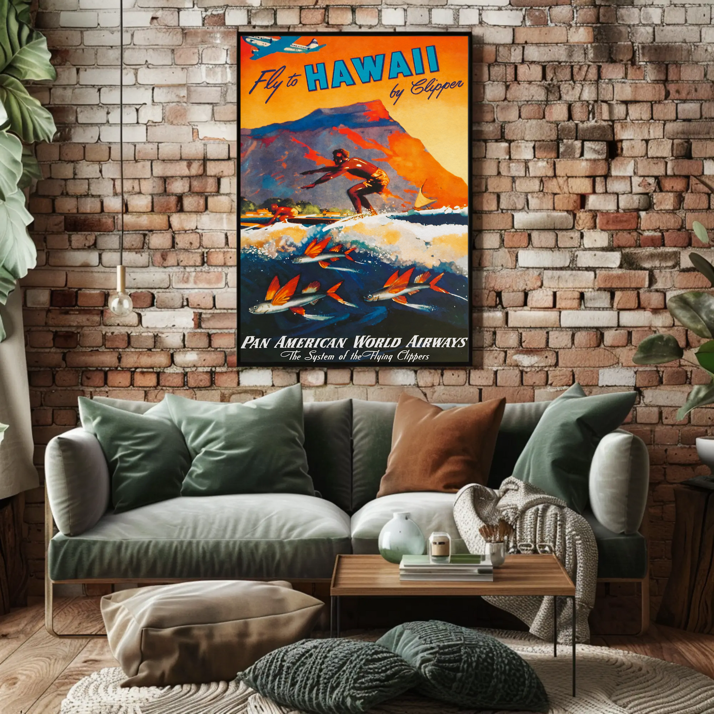 Fly To Hawaii Clipper Surfer Vintage Travel Poster