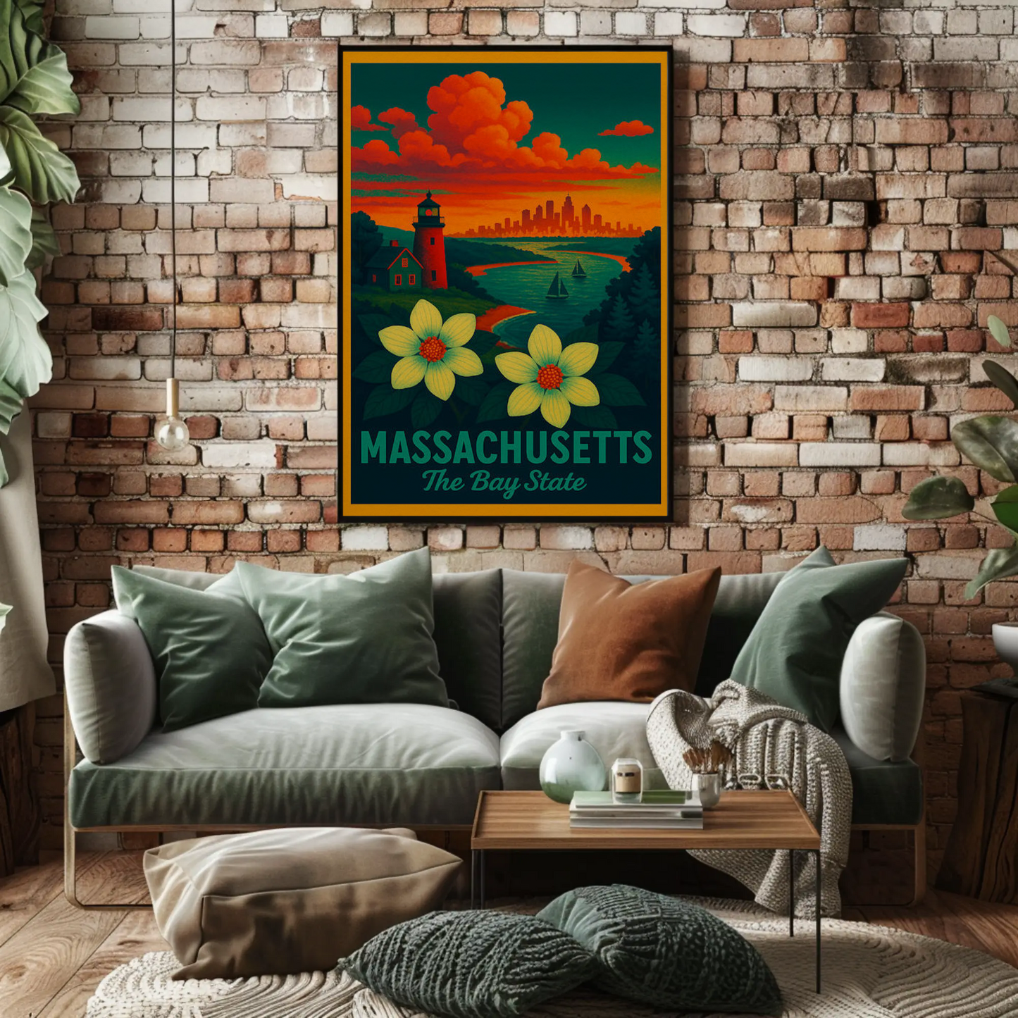 Massachusetts Bay State Sunset Lighthouse Flowers Poster