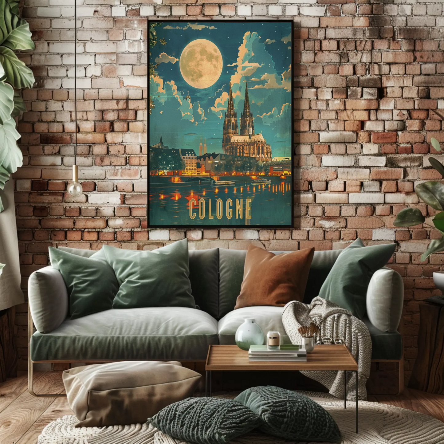 Cologne Cathedral Moonlight River Reflection Travel Poster