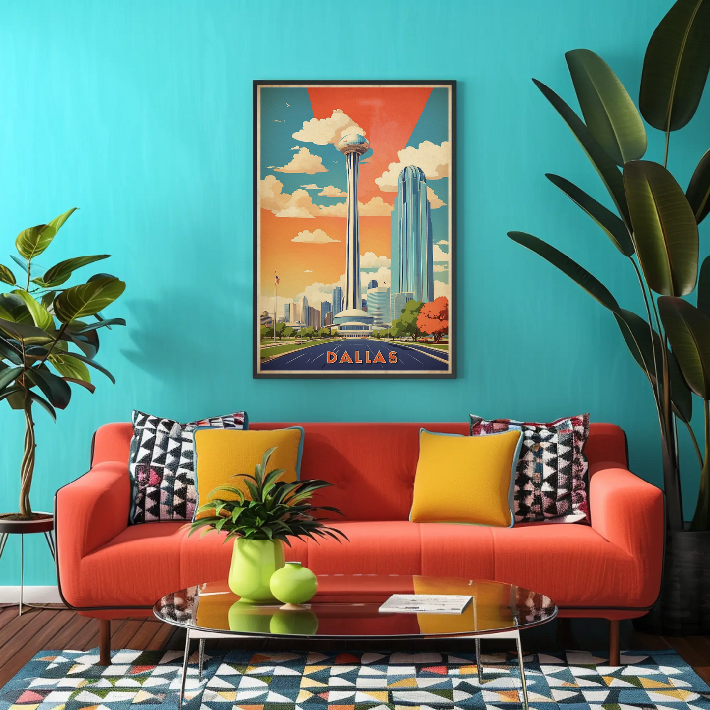 Dallas Texas Skyline Reunion Tower Vintage Travel Poster