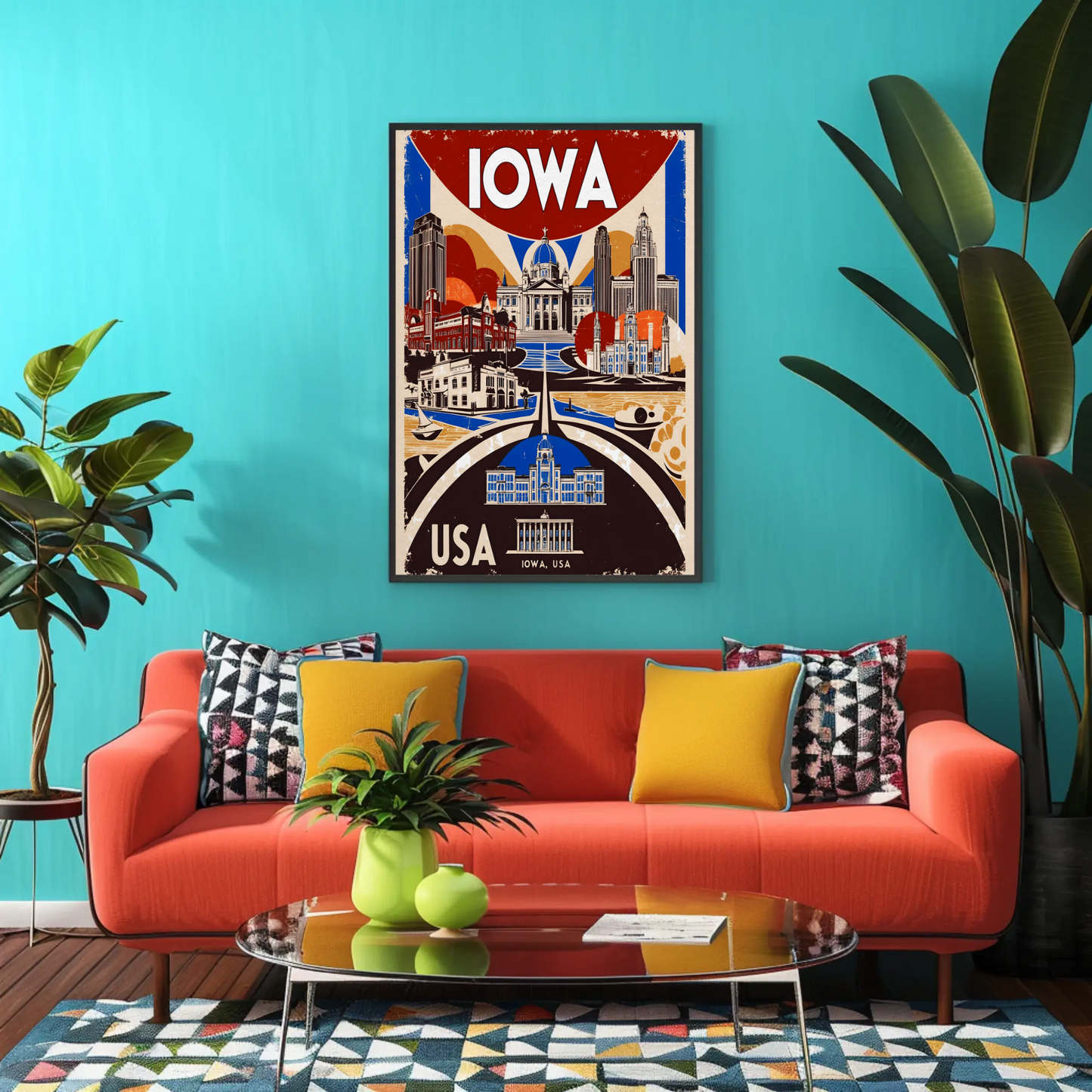 Iowa USA Civic Dome And Skyline Vintage Maroon Travel Poster