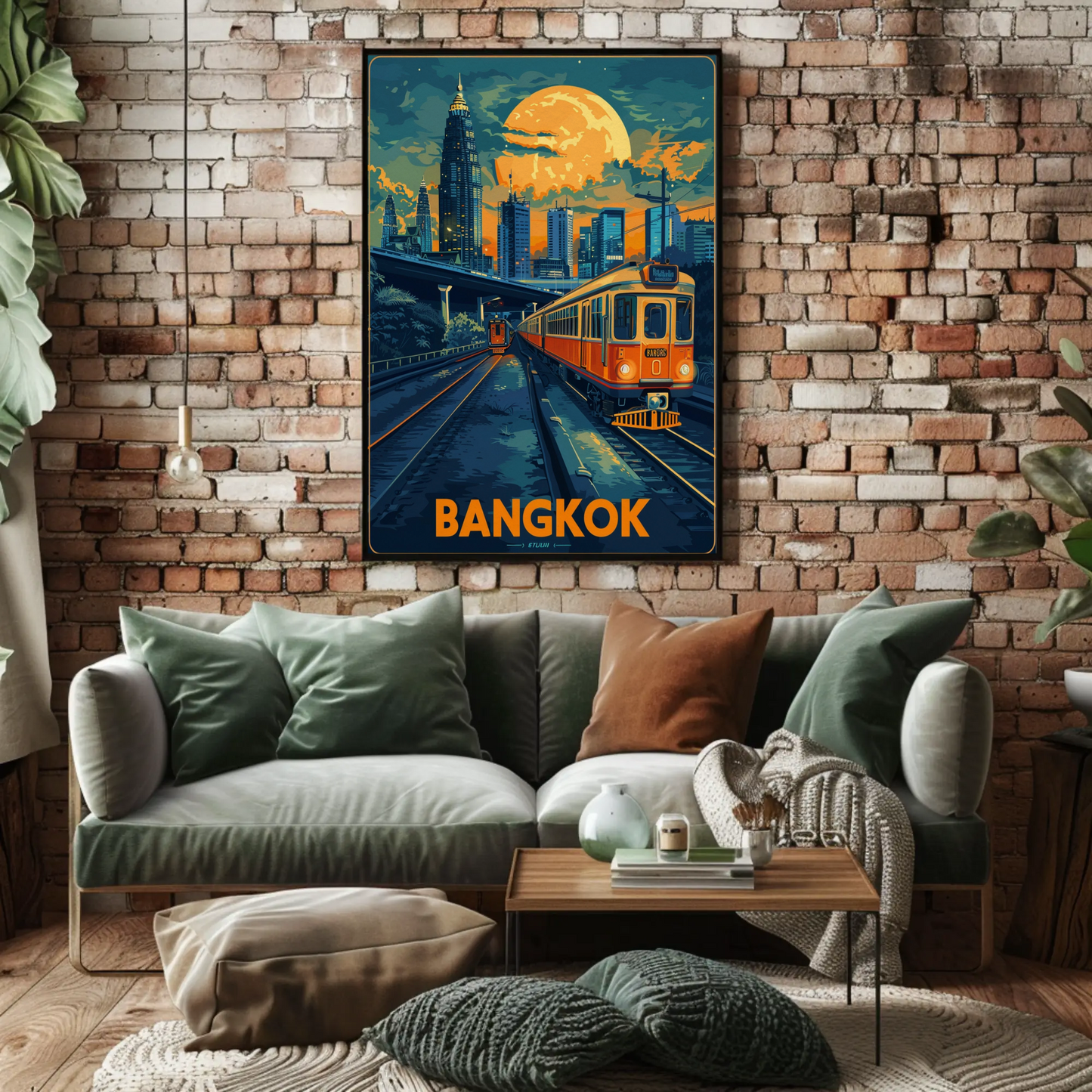 Bangkok Skyline Train Moonlight Glow Travel Poster