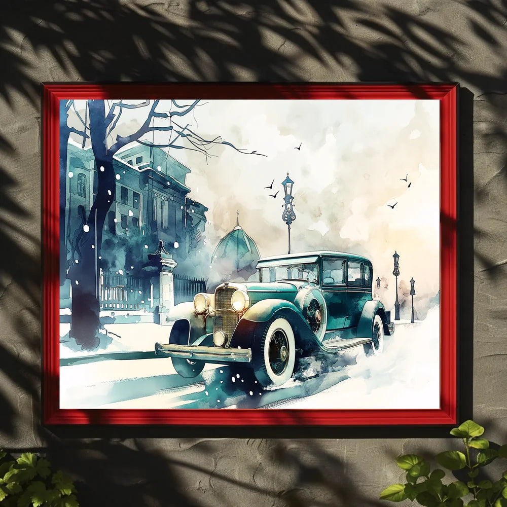 Vintage Winter Car Scene: Nostalgic Urban Elegance Poster